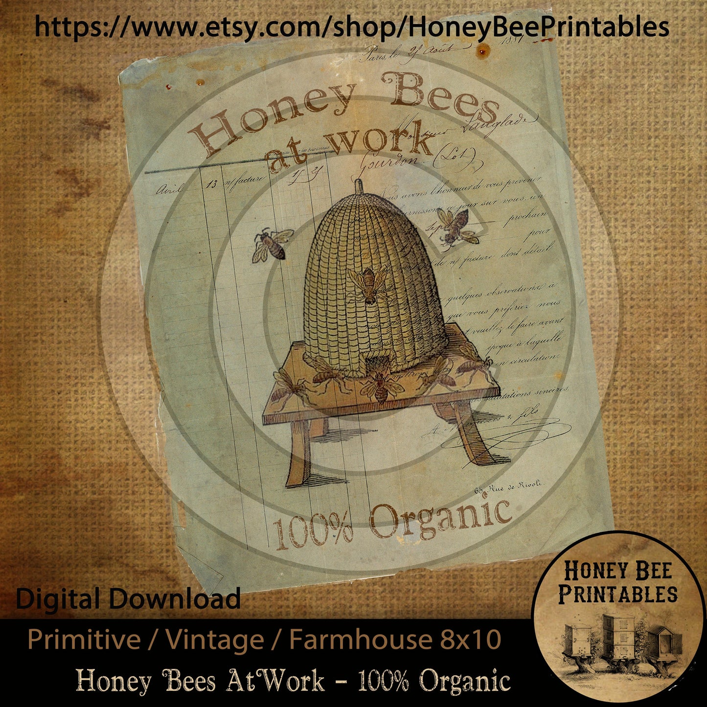 Vintage Primitive Farmhouse Instant Download Printable Sublimation Decoupage 8x10 JPEG Cans Labels Honey Bee At Work Organic Spring Summer