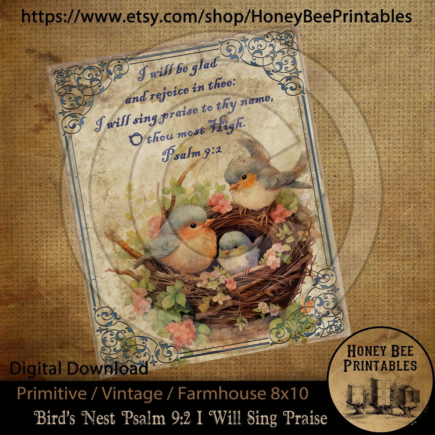 Vintage Primitive Farmhouse Instant Download Printable Sublimation Decoupage 8x10 JPEG Cans Labels Birds Nest Psalm 9 I Will Sing Praise