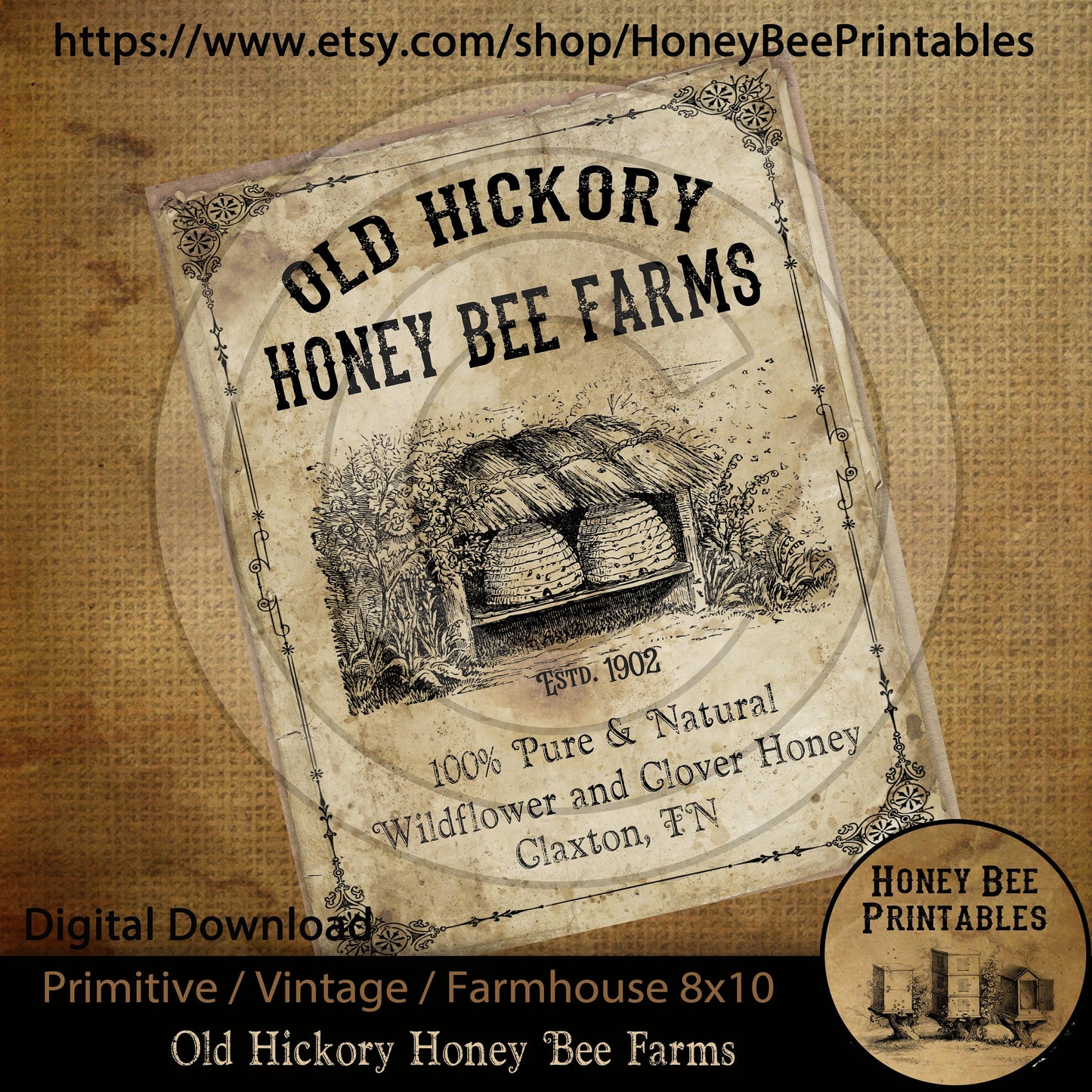 Vintage Primitive Farmhouse Instant Download Printable Sublimation Decoupage 8x10 JPEG Cans Labels Hickory Honey Bee Farms Skep Summer