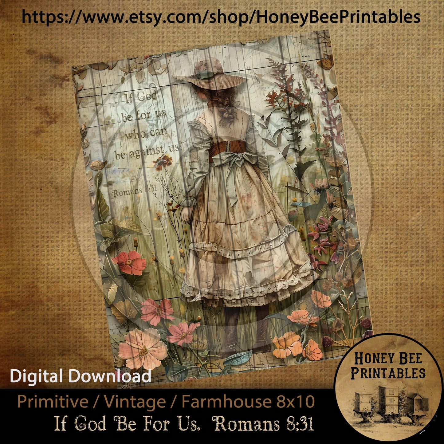 Vintage Primitive Farmhouse Instant Download Printable Sublimation Decoupage 8x10 JPEG Labels If God Be For Us Who Can Be Against Us Romans