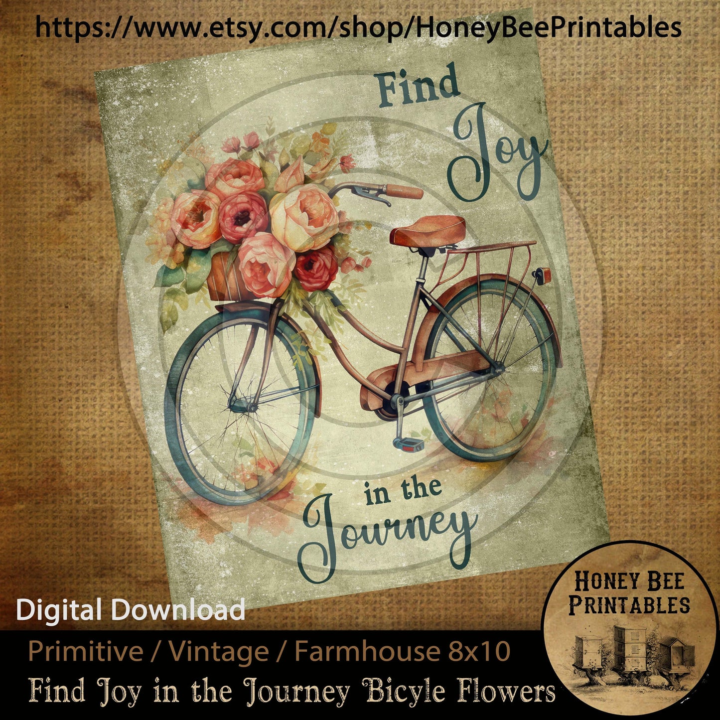 Vintage Primitive Farmhouse Instant Download Printable Sublimation Decoupage JPEG Labels Find Joy In The Journey Spring Bicycle Flowers