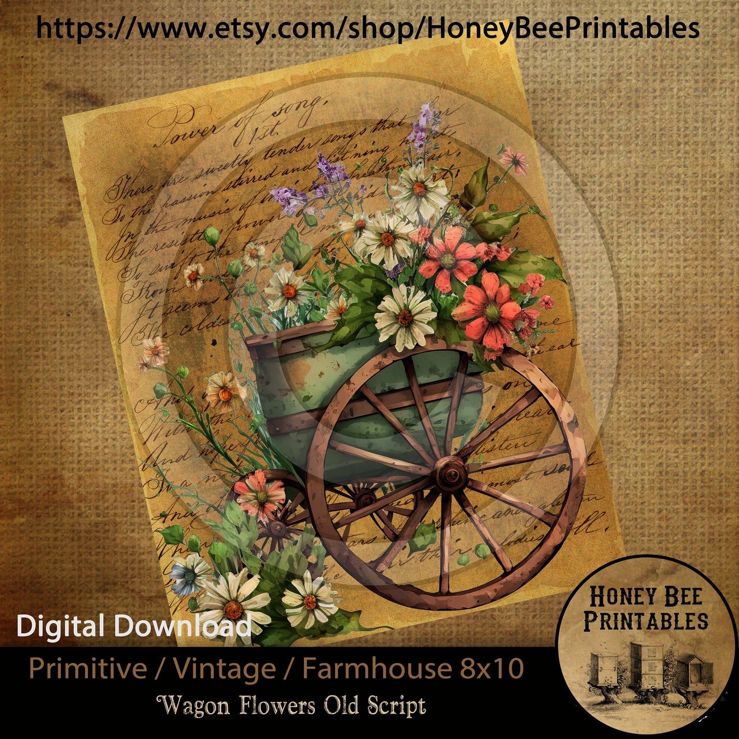 Vintage Primitive Farmhouse Digital Download Printable Sublimation Decoupage JPEG Labels Floral Flower Old Wagon Old Script Flowers in Wagon
