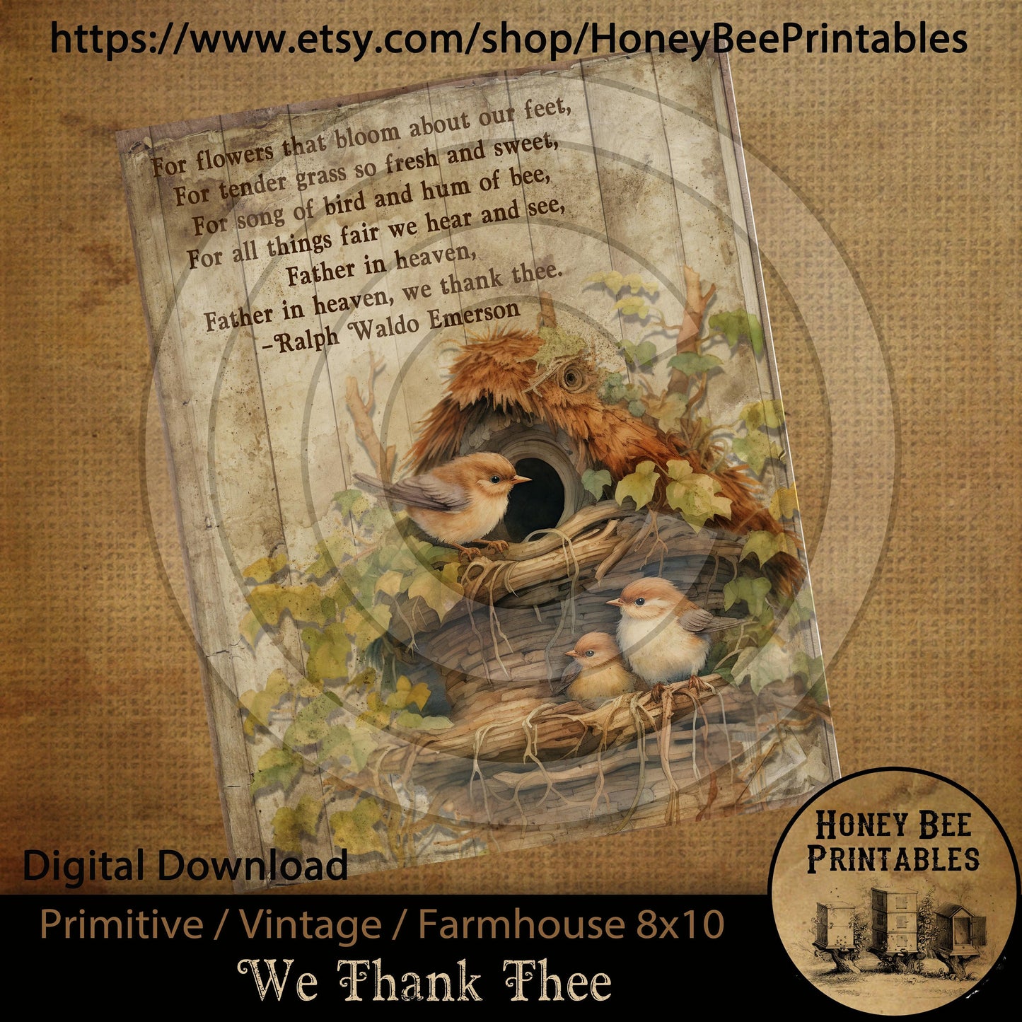Vintage Primitive Farmhouse Instant Download Printable Sublimation Decoupage 8x10 JPEG Labels Father We Thank Thee Birds Nest Spring Emerson