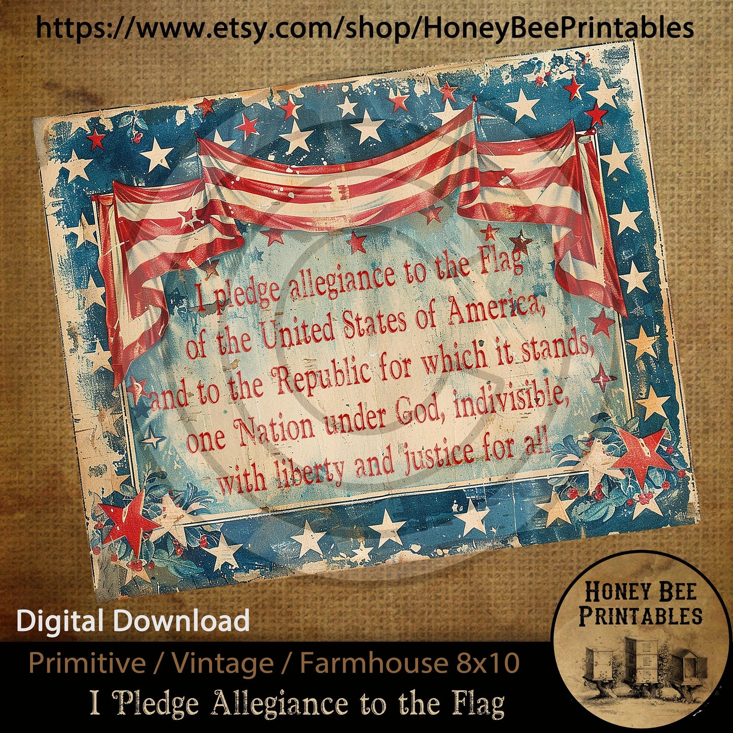 Vintage Primitive Farmhouse Instant Download Printable Sublimation Decoupage JPEG Labels I Pledge Allegiance Flag Americana Patriotic 1776