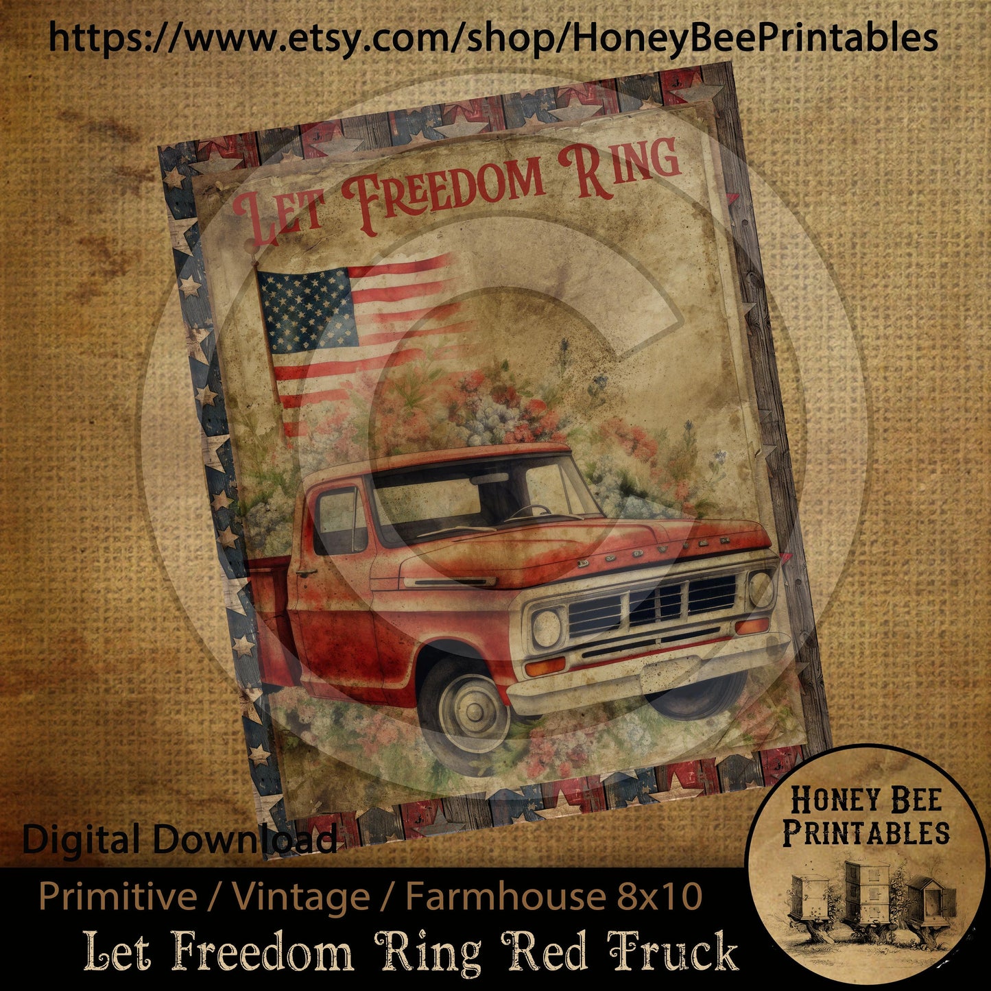 Vintage Primitive Farmhouse Instant Download Printable Sublimation Decoupage 8x10 Labels Patriotic Americana Old Red Truck Let Freedom Ring