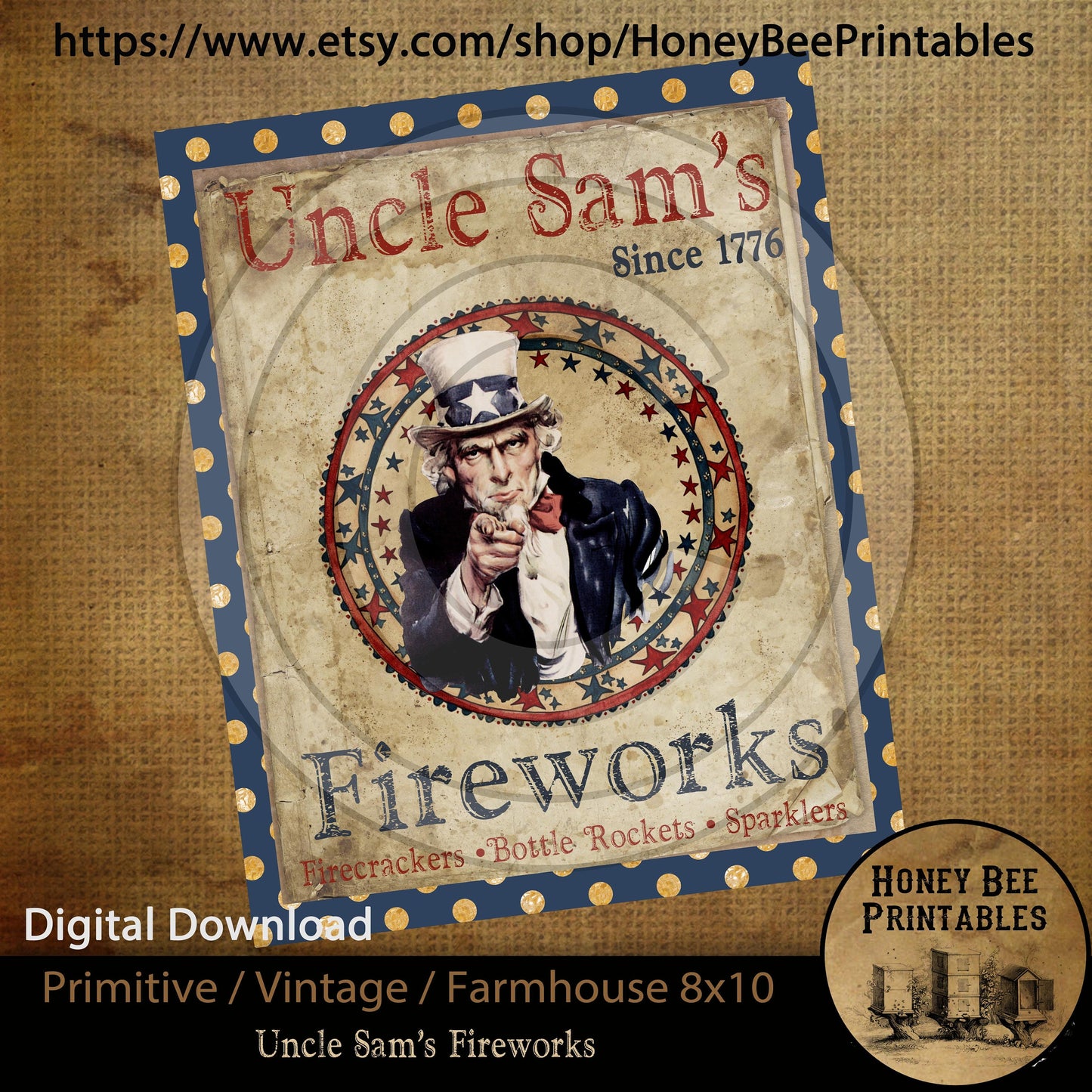 Vintage Primitive Farmhouse Instant Download Printable Sublimation Decoupage 8x10 JPEG Cans Labels Uncle Sam Fireworks Patriotic Americana