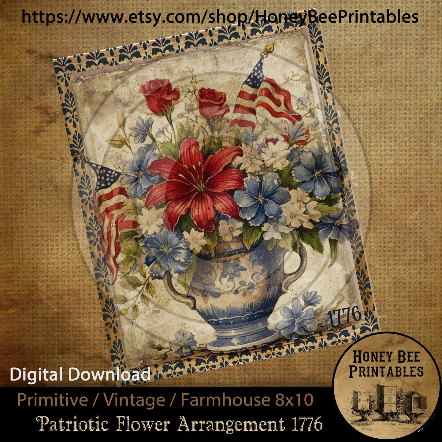 Vintage Primitive Farmhouse Instant Download Printable Sublimation Decoupage Patriotic Americana Red White and Blue Floral Arrangement Flag