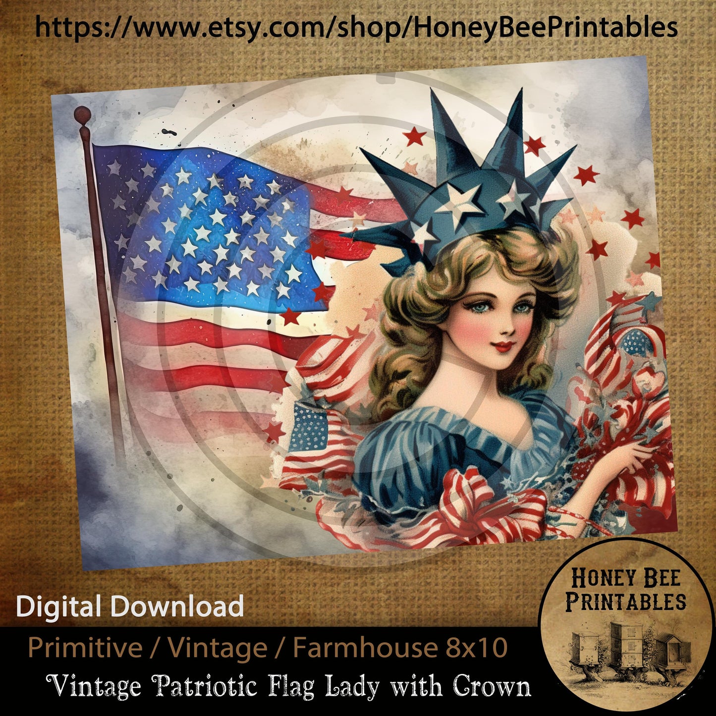 Vintage Primitive Farmhouse Digital Download Printable Sublimation Decoupage JPEG Labels Patriotic Grungy Flag Lady America Crown Stars USA