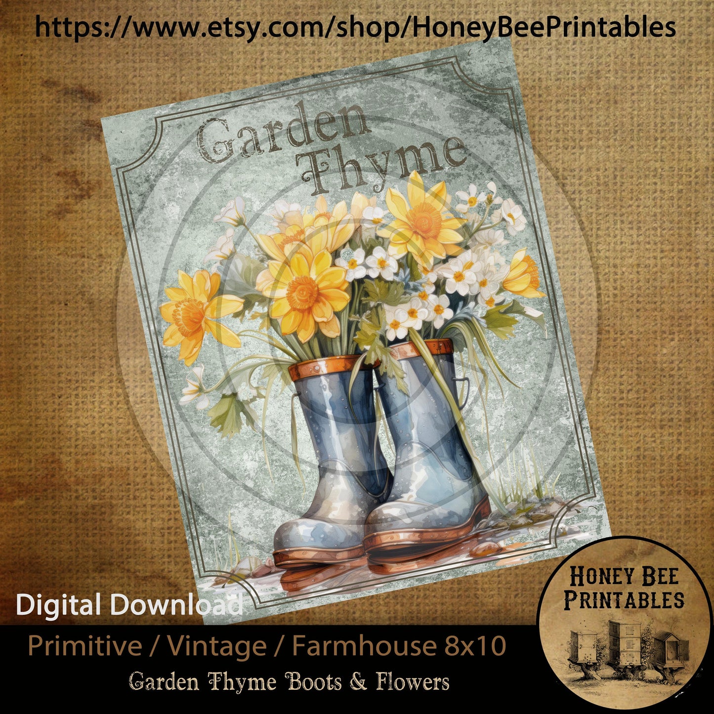 Vintage Primitive Farmhouse Instant Download Printable Sublimation Decoupage JPEG Labels Rubber Boots Garden Thyme Spring Yellow Daffodils