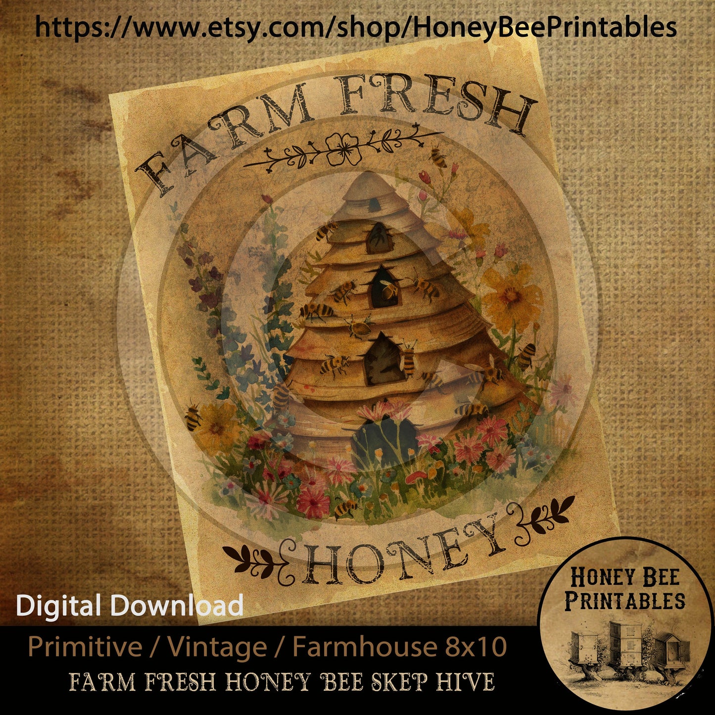 Vintage Primitive Farmhouse Digital Download Printable Sublimation Decoupage JPEG Labels Farm Fresh Honey Bee Summer Bee Hive Bee Skep