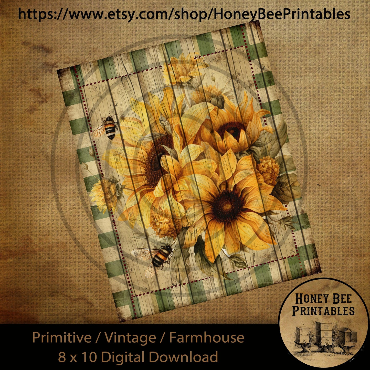 Vintage Primitive Farmhouse Digital Download Printable Sublimation Decoupage Labels Summer Flowers Grungy Sunflowers Green Plaid Border Bees