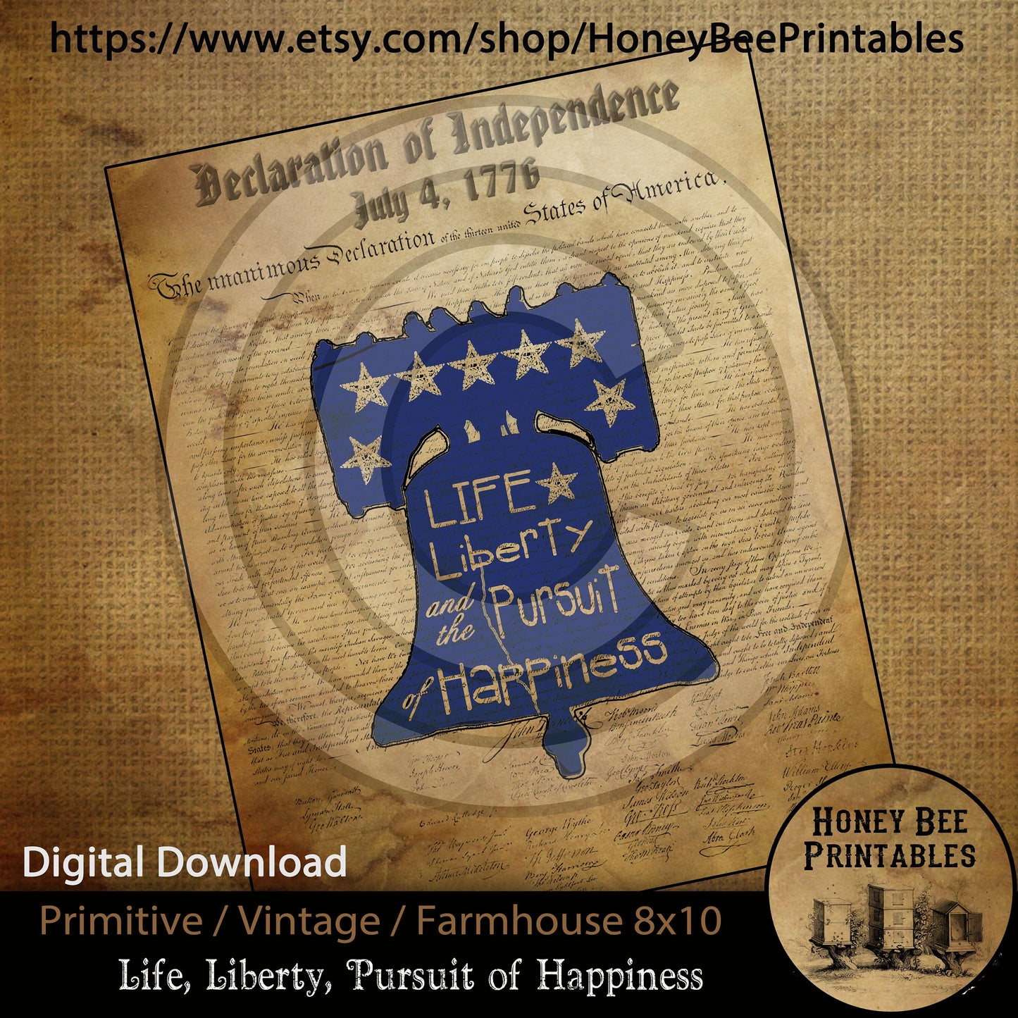 Vintage Primitive Farmhouse Digital Download Printable Sublimation Decoupage Independence Day Patriotic Life Liberty Pursuit of Happiness