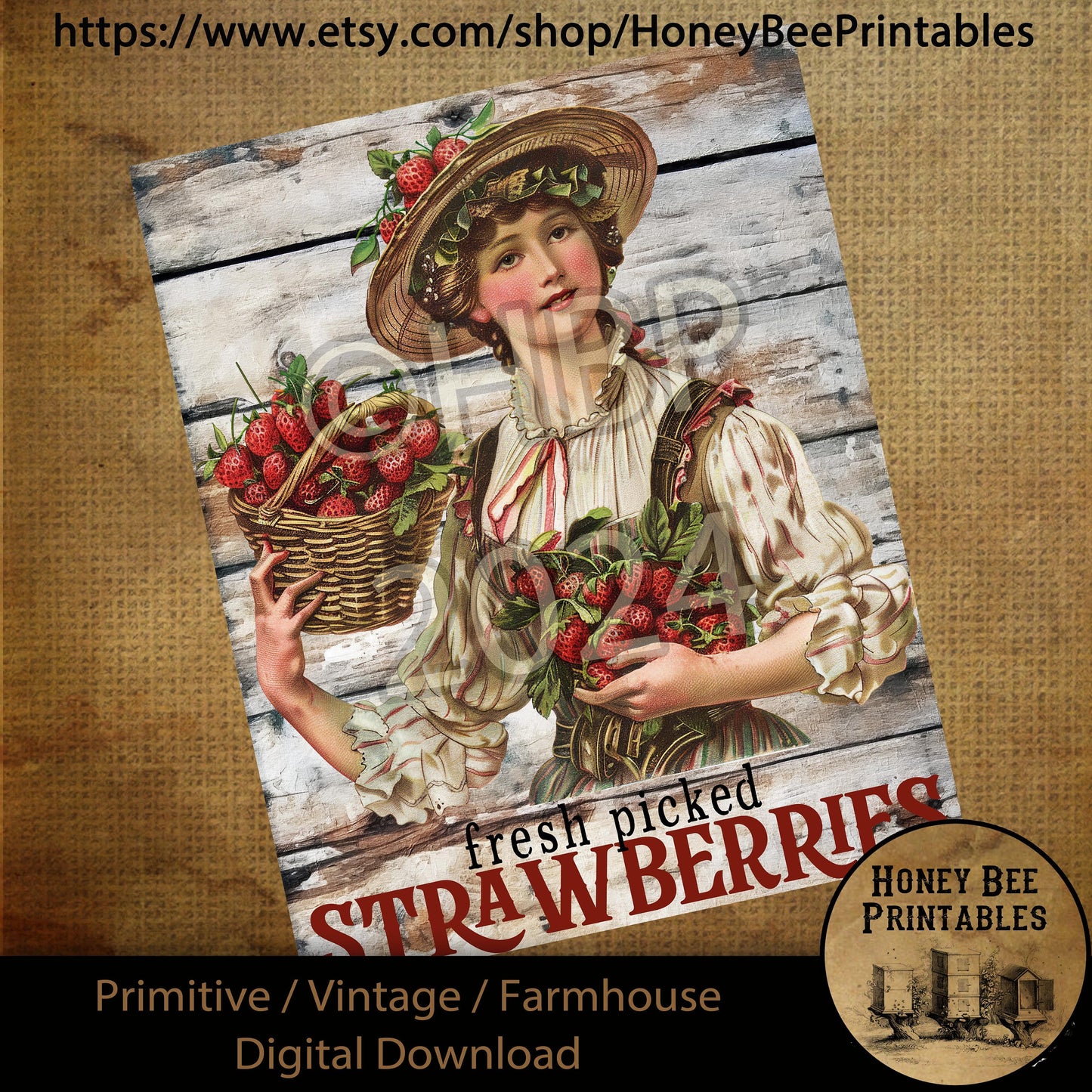 Vintage Primitive Farmhouse Digital Download Printable Sublimation Decoupage Labels Summer Farm Fresh Picked Strawberries Strawberry Fruit