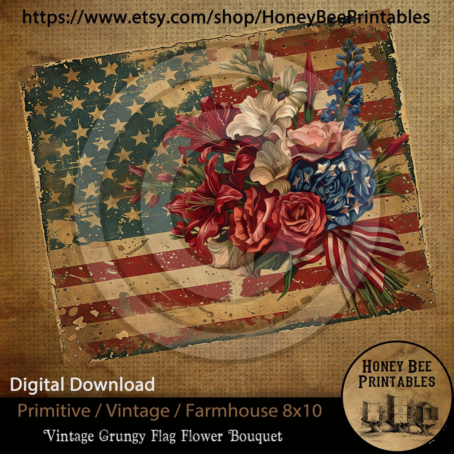 Vintage Primitive Farmhouse Digital Download Printable Sublimation Decoupage JPEG Labels Patriotic Grungy Flag Flower Bouquet USA America