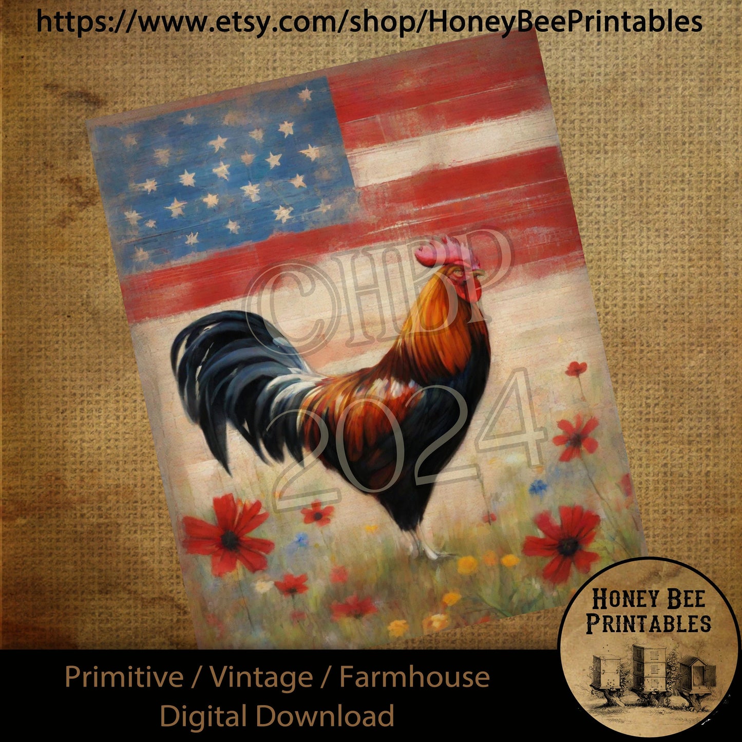 Vintage Digital Download Printable Sublimation Decoupage Primitive, Painting, Patriotic, Americana, Flag, Grungy, USA, Rooster, Wildflowers