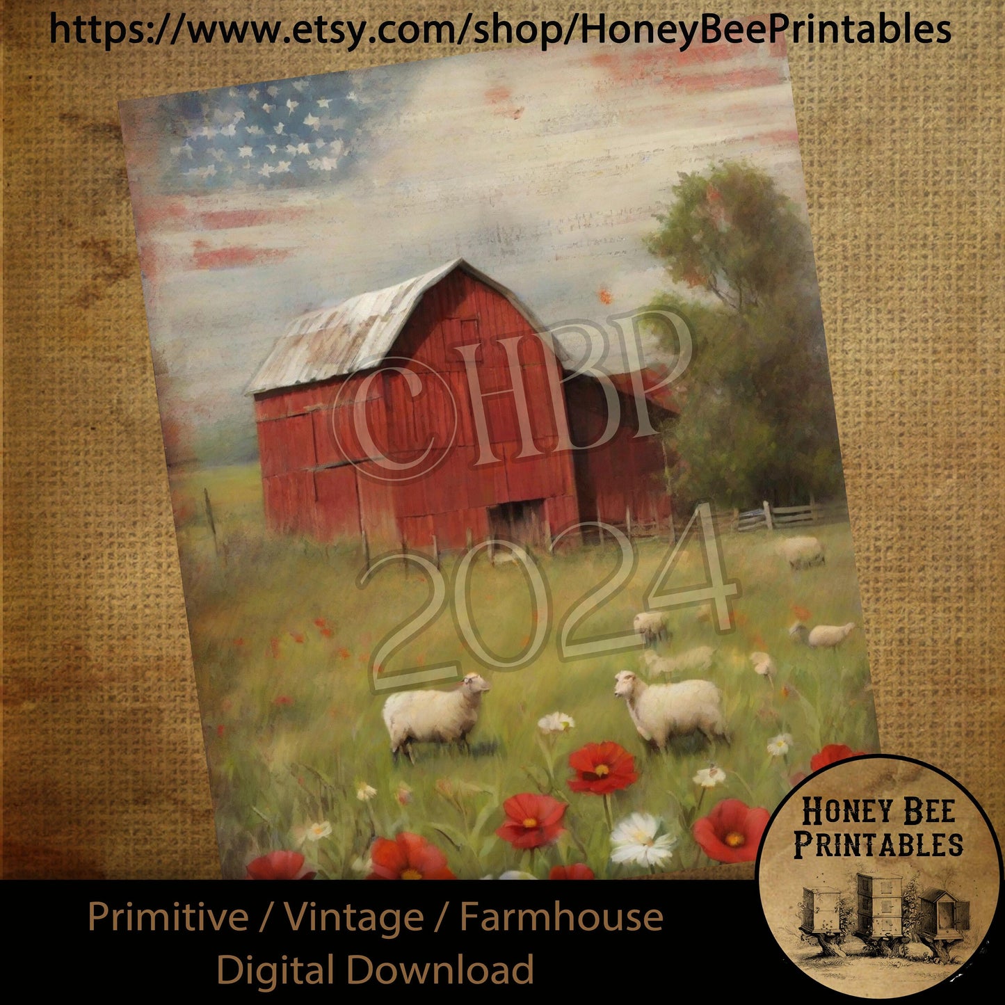 Vintage Digital Download Printable Sublimation Decoupage Primitive, Painting, Old Red Barn, Sheep, Lamb, Wildflowers, Patriotic, Americana