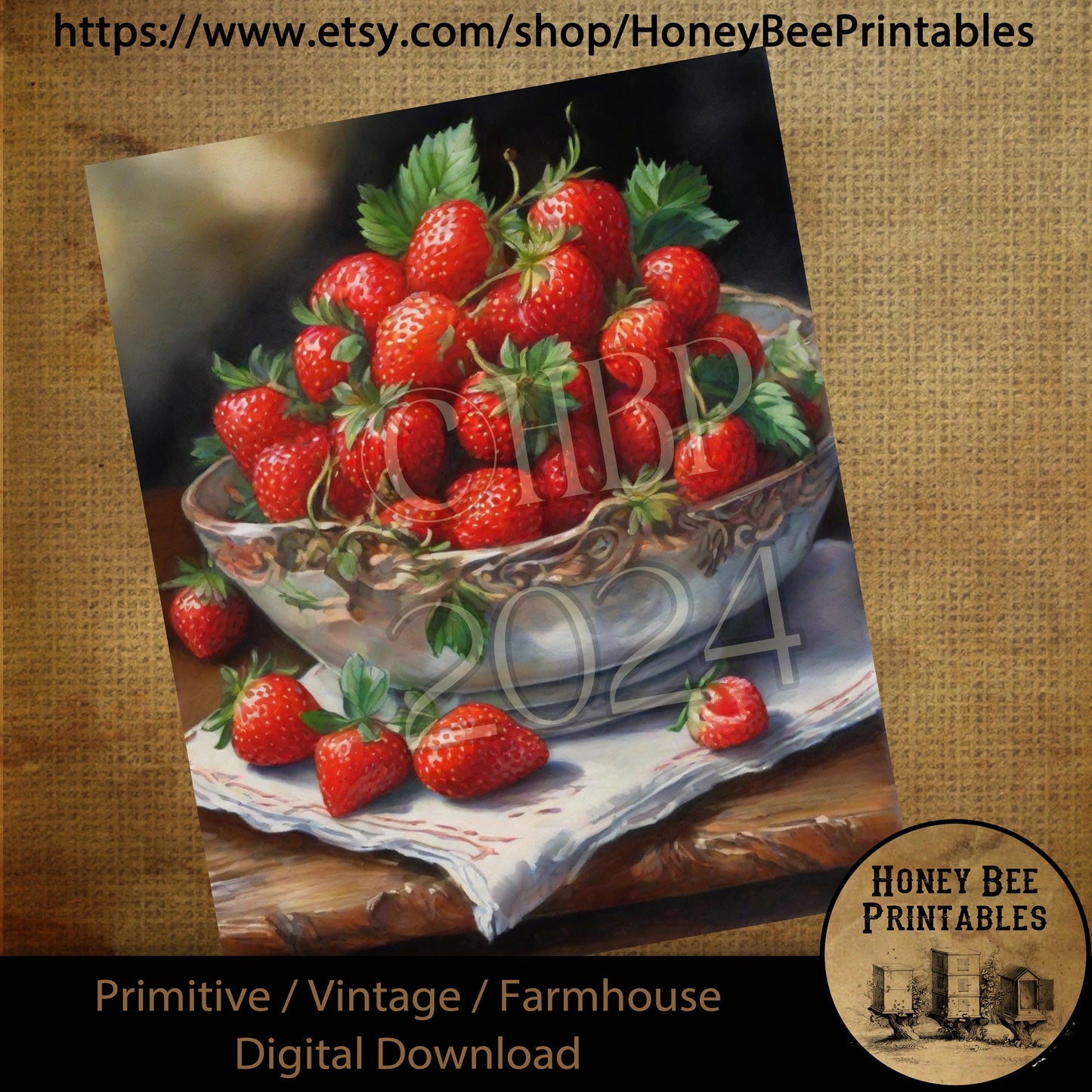 Vintage Digital Download Printable Sublimation Decoupage Primitive, Painting, Antique, Bowl of Strawberries, Berries, Blue Bowl, Wood Table