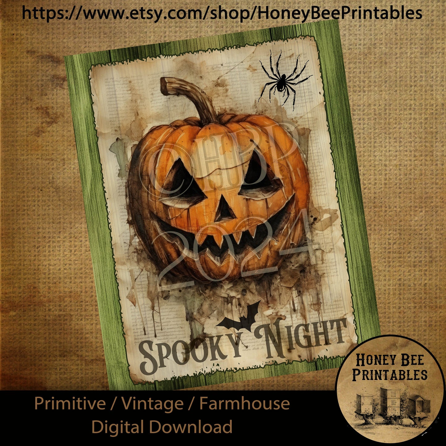 Vintage Digital Download Printable Sublimate Decoupage Primitive, Painting,Pumpkins, Fall, Autumn, Halloween, Jack-0-Lantern, Spooky Night
