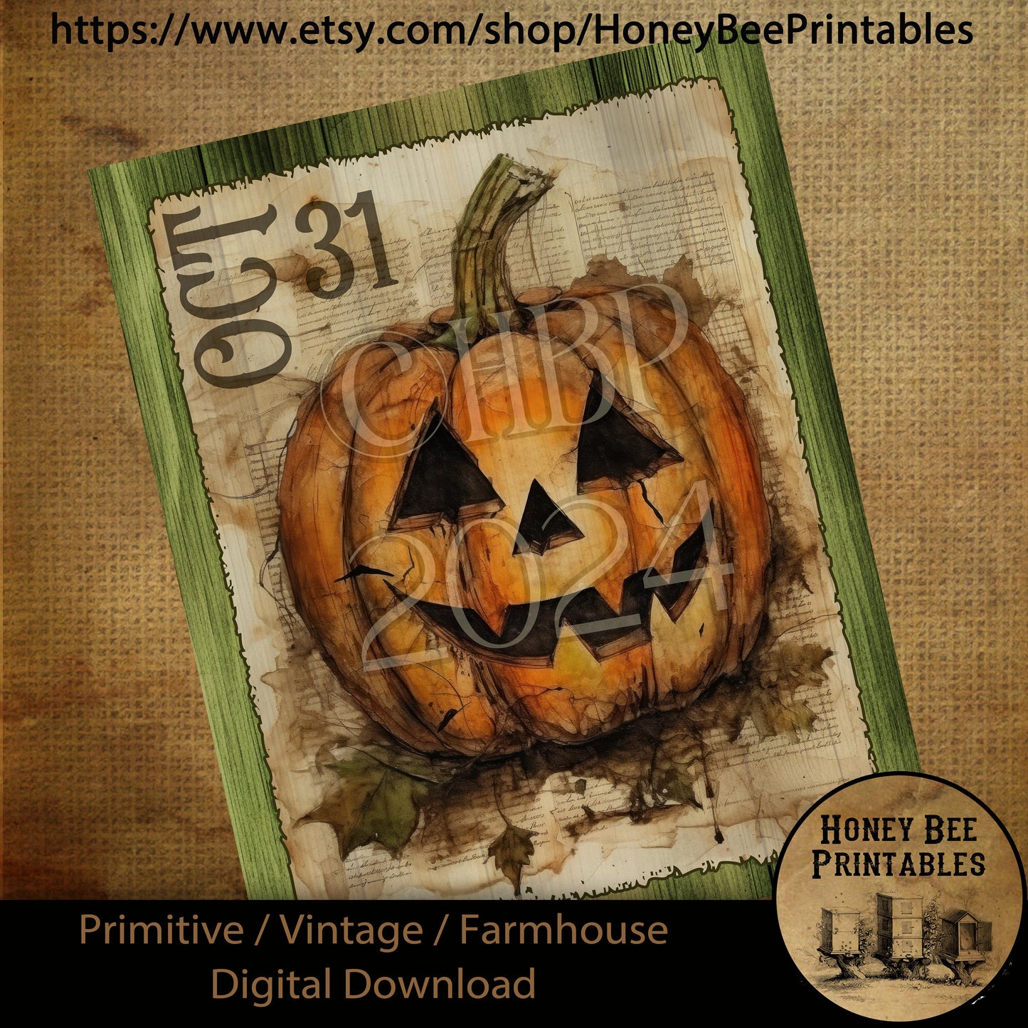 Vintage Digital Download Printable Sublimate Decoupage Primitive, Pumpkins, Fall, Autumn, Halloween, Grungy Jack-O-Lantern, Oct 31