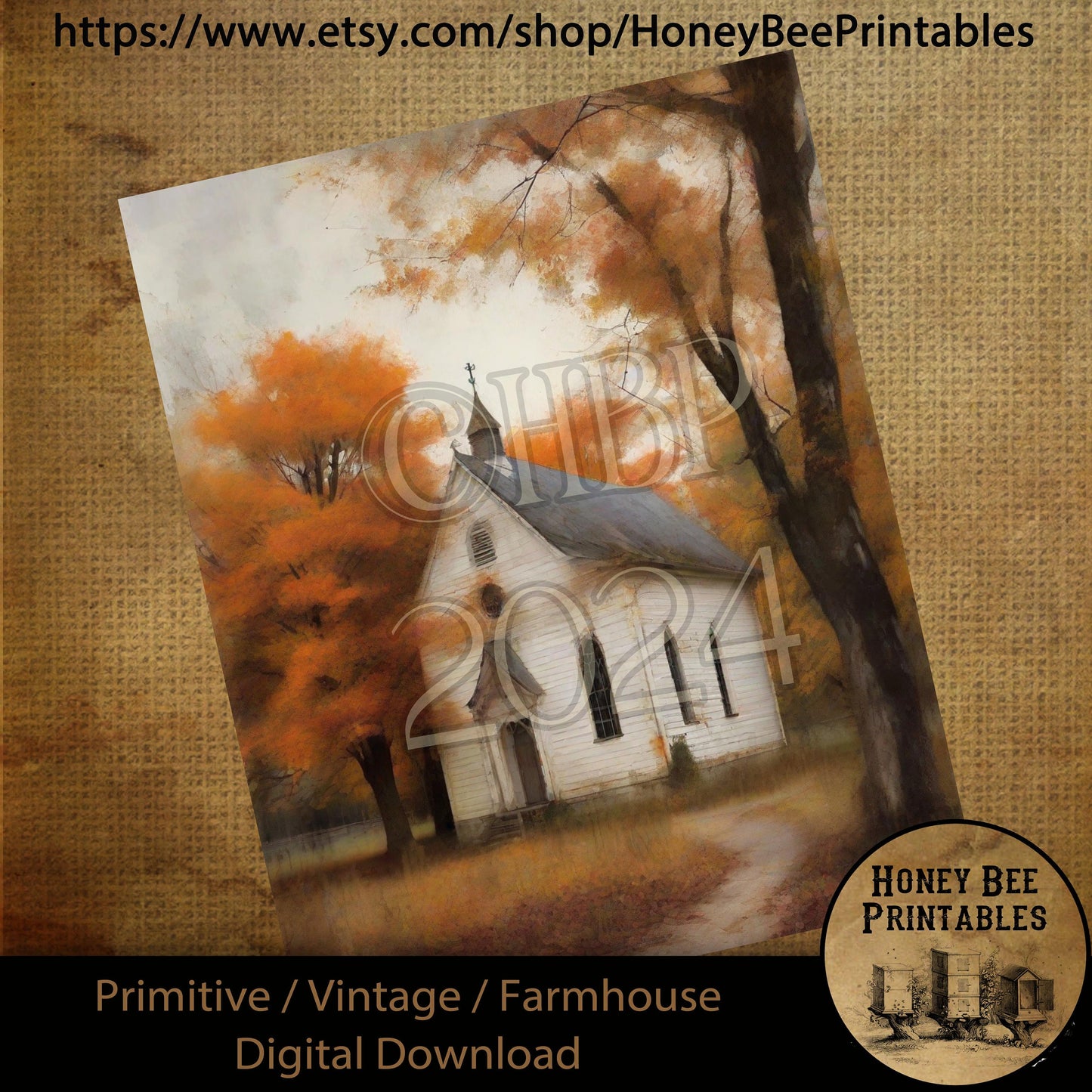 Vintage Digital Download Printable Sublimate Decoupage Primitive, Painting, Fall, Autumn, Old Rustic White Country Church, Chapel, Trees