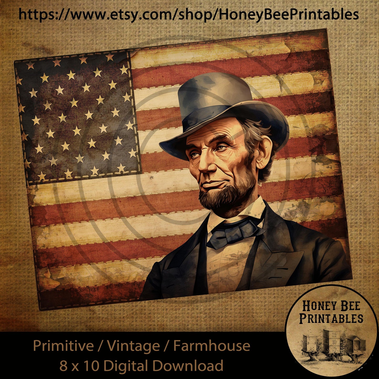 Vintage Primitive Farmhouse Digital Download Printable Sublimation Decoupage Labels Patriotic Grungy American Flag Abraham Lincoln Freedom