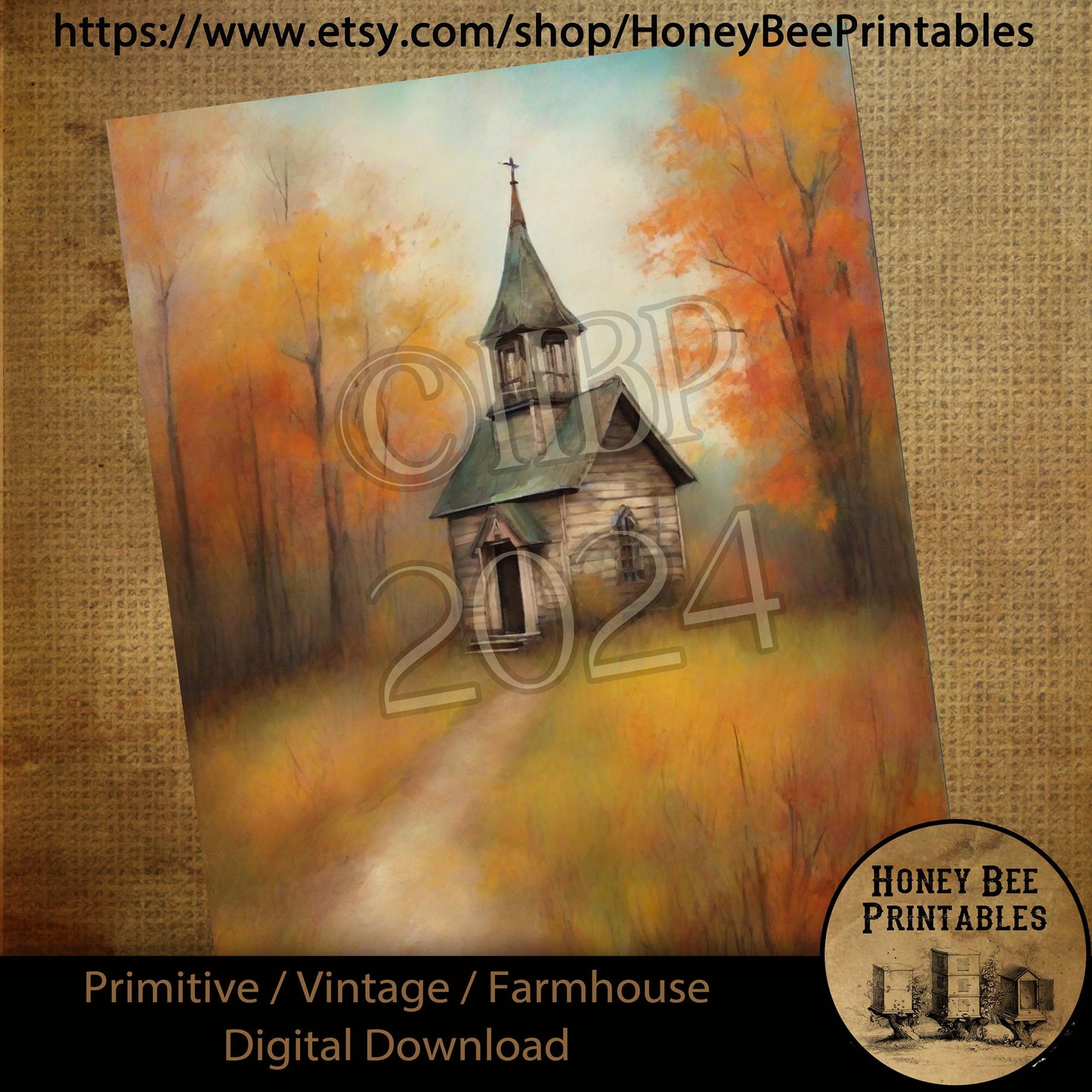 Vintage Digital Download Printable Sublimate Decoupage Primitive, Painting, Fall, Autumn, Old Rustic White Country Church, Grungy Chapel 01