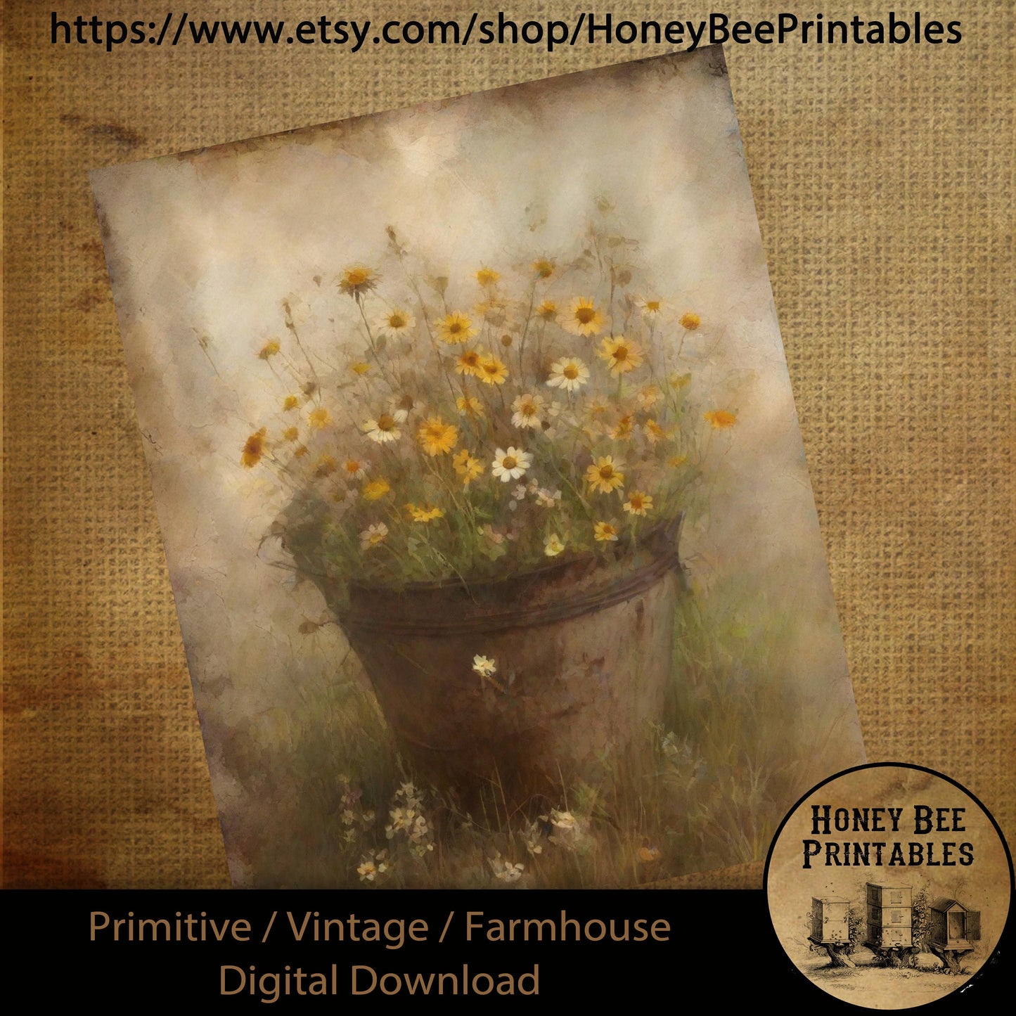Vintage Digital Download Printable Sublimate Decoupage Primitive, Painting, Rusty Bucket, Spring, Summer, Wildflowers, Bucket of Wildflowers