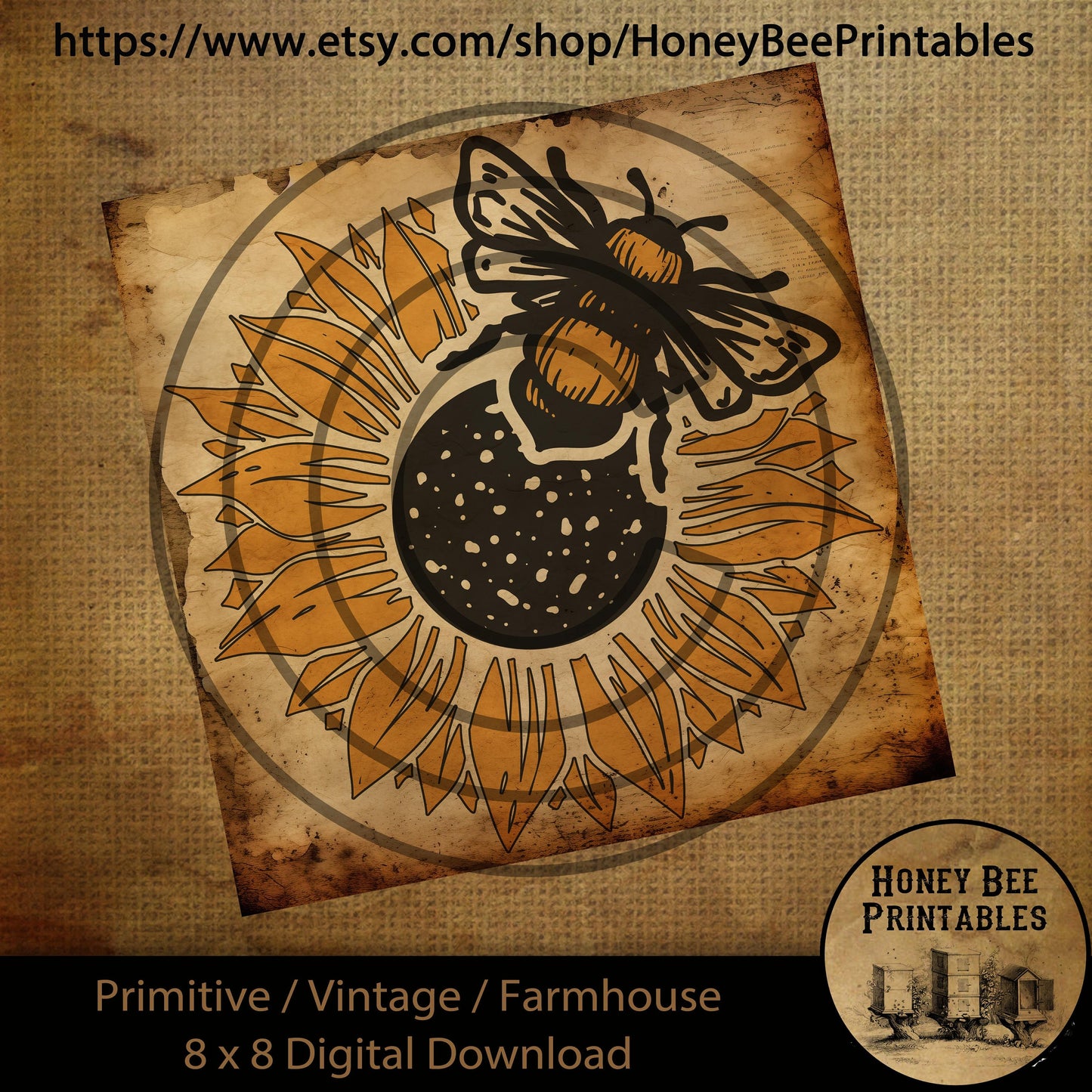 Vintage Primitive Farmhouse Digital Download Printable Sublimation Decoupage Labels Honey Bee on Sunflower Honey 8x8 Tiered Tray Burlap