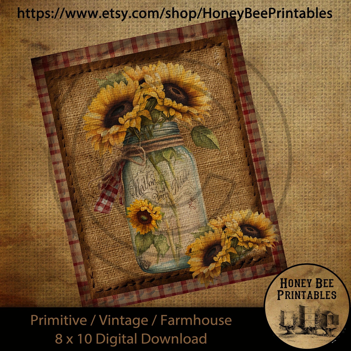 Vintage Primitive Farmhouse Digital Download Printable Sublimation Decoupage Labels Summer Jar Flowers Grungy Sunflowers Red Plaid Border