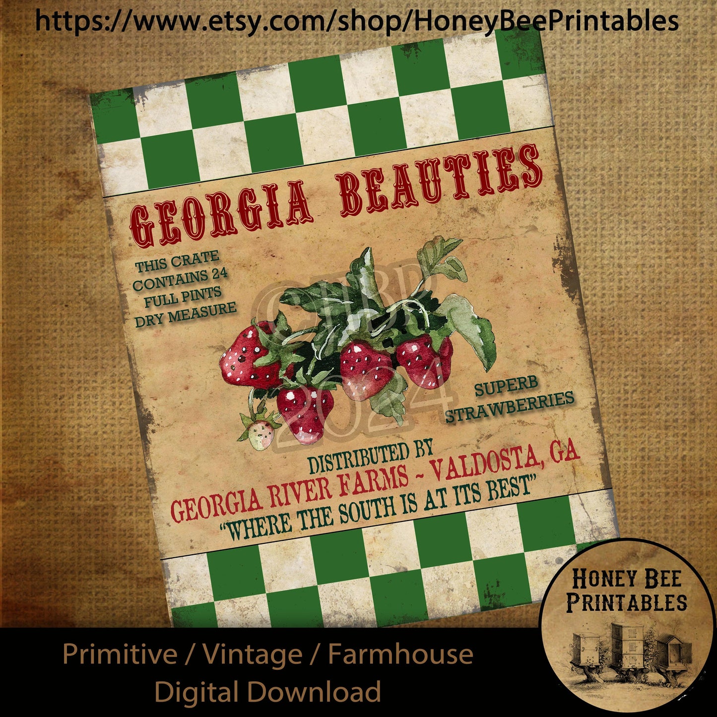 Vintage Primitive Farmhouse Digital Download Printable Sublimation Decoupage Labels Summer Strawberries, Feed Sack, Crate Label, Strawberry