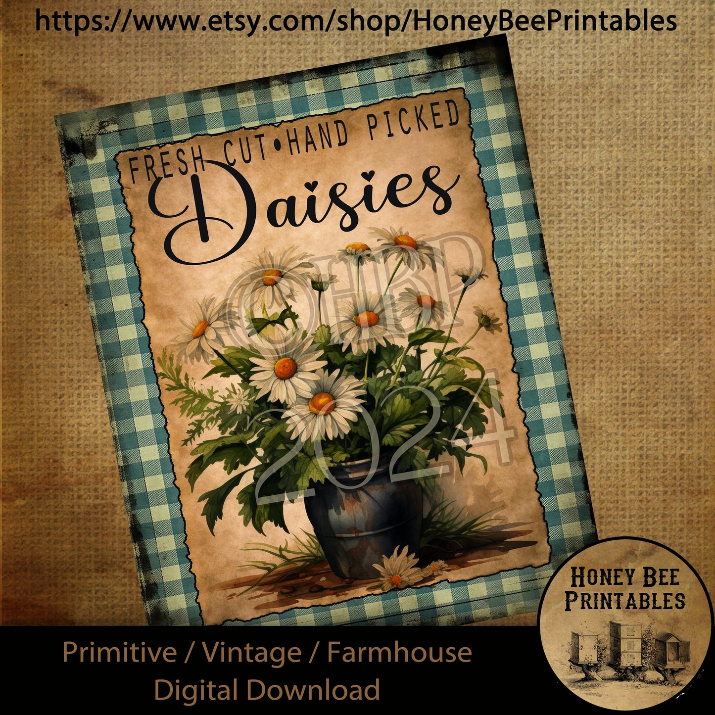 Vintage Digital Download Printable Sublimate Decoupage Primitive, Spring, Summer, Daisies, Daisy, Fresh Cut Hand Picked Daisies, Wildflowers