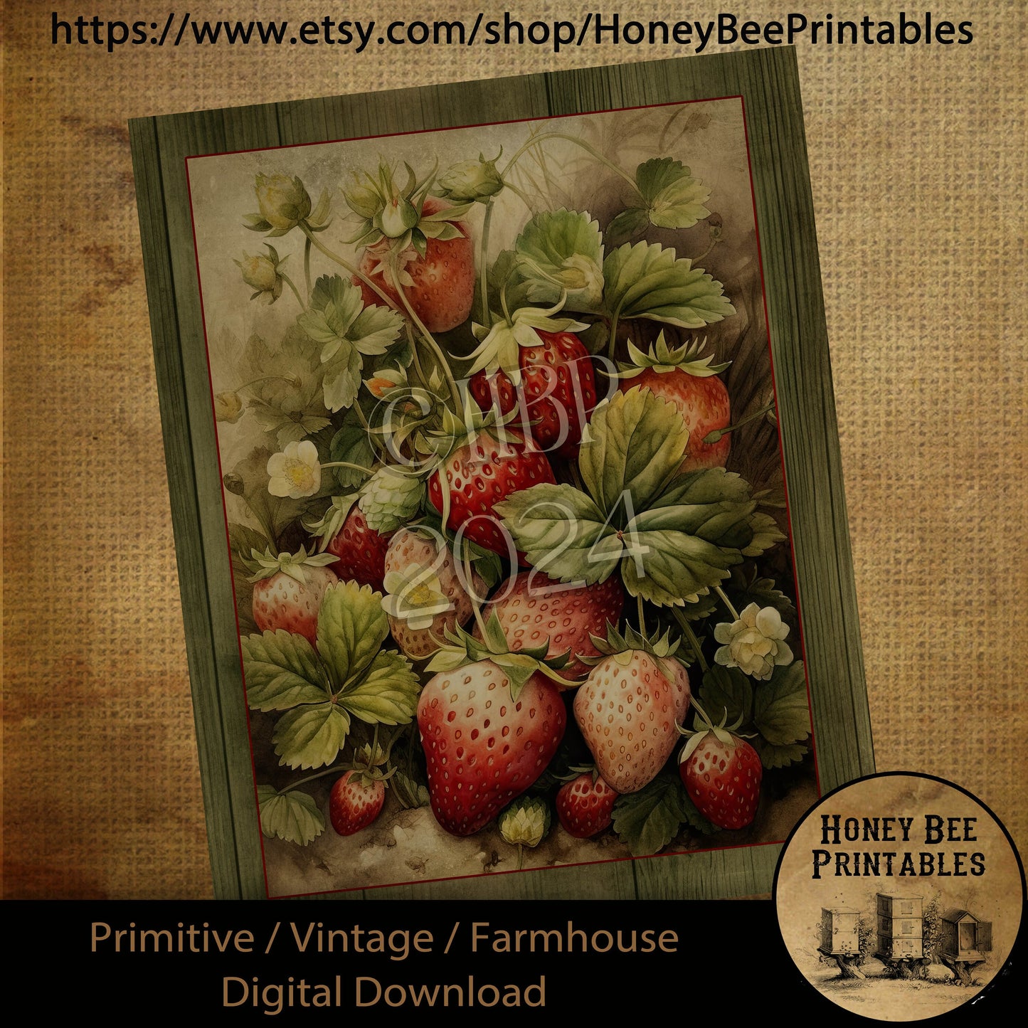 Vintage Primitive Farmhouse Digital Download Printable Sublimation Decoupage Labels, Vintage Strawberries, Bunch of Berries, Country, Wood 2
