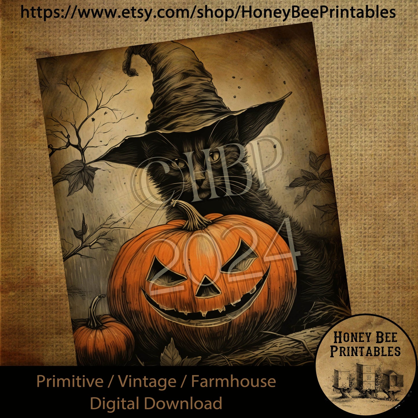 Vintage Digital Download Printable Decoupage Primitive, Fall, Halloween, Spooky Night, Black Cat, Jack-O-Lantern, Witch Hat, Pumpkins