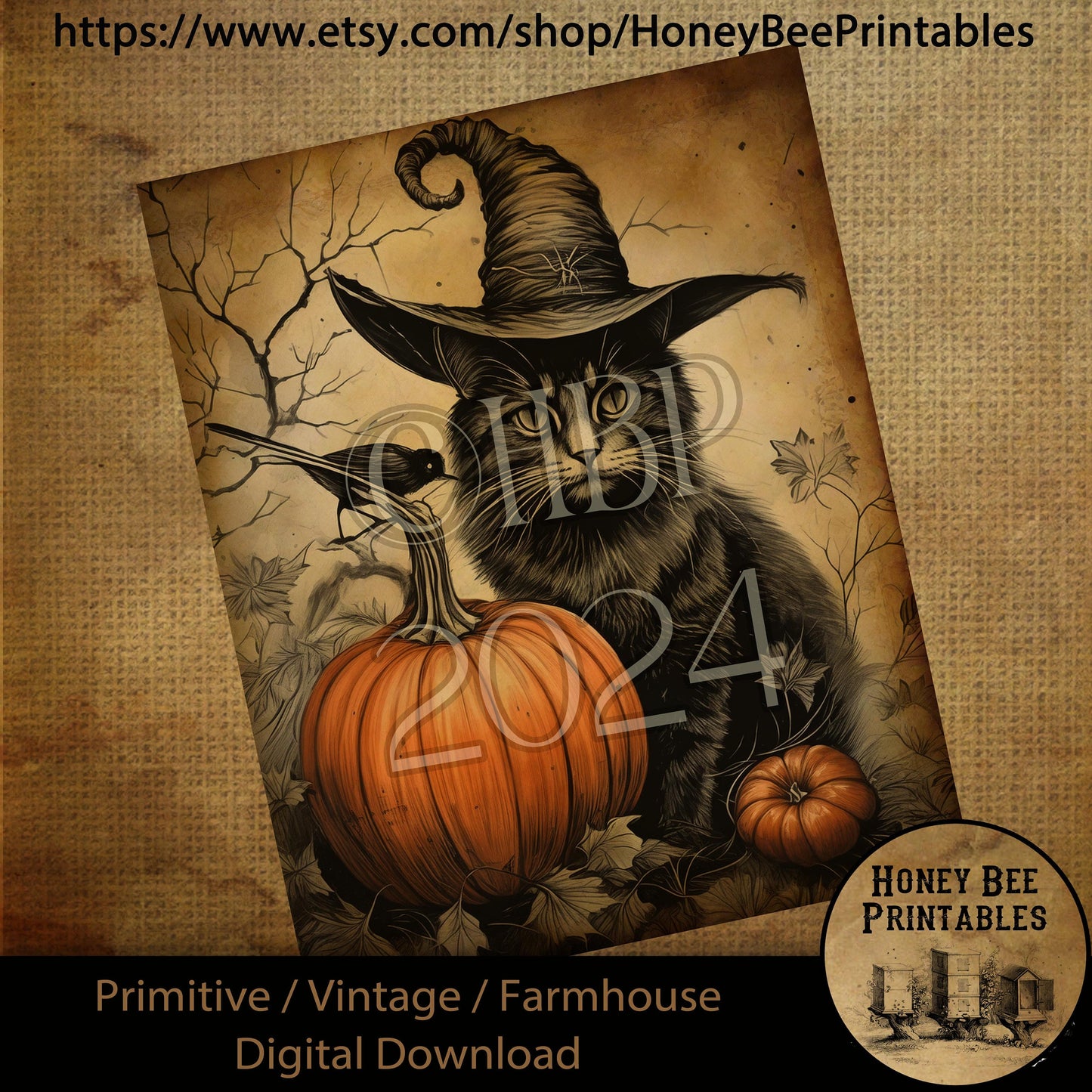 Vintage Digital Download Printable Decoupage Primitive, Fall, Halloween, Spooky Night, Black Cat, Jack-O-Lantern, Witch Hat, Pumpkins, Bird