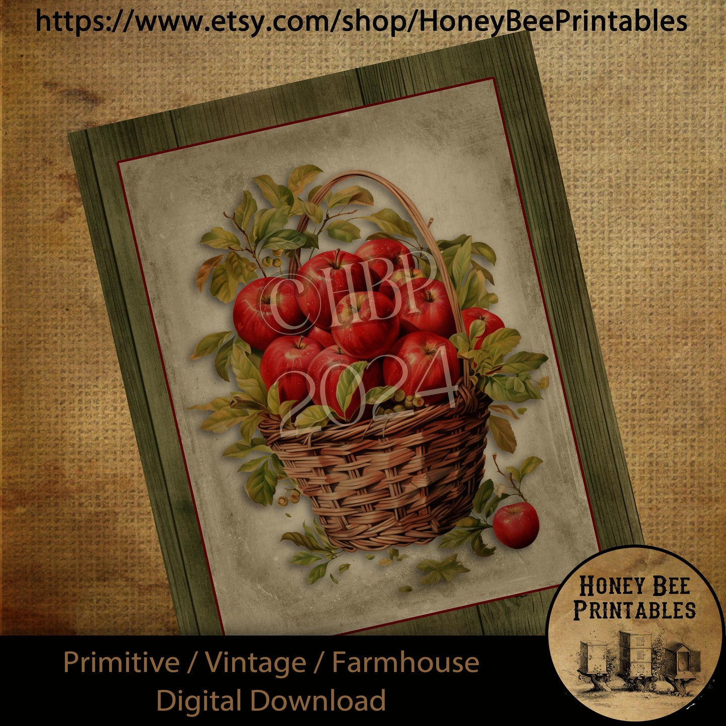 Vintage Primitive Farmhouse Digital Download Printable Sublimation Decoupage Labels, Vintage Apples, Basket of Apples, Wood, Kitchen Print