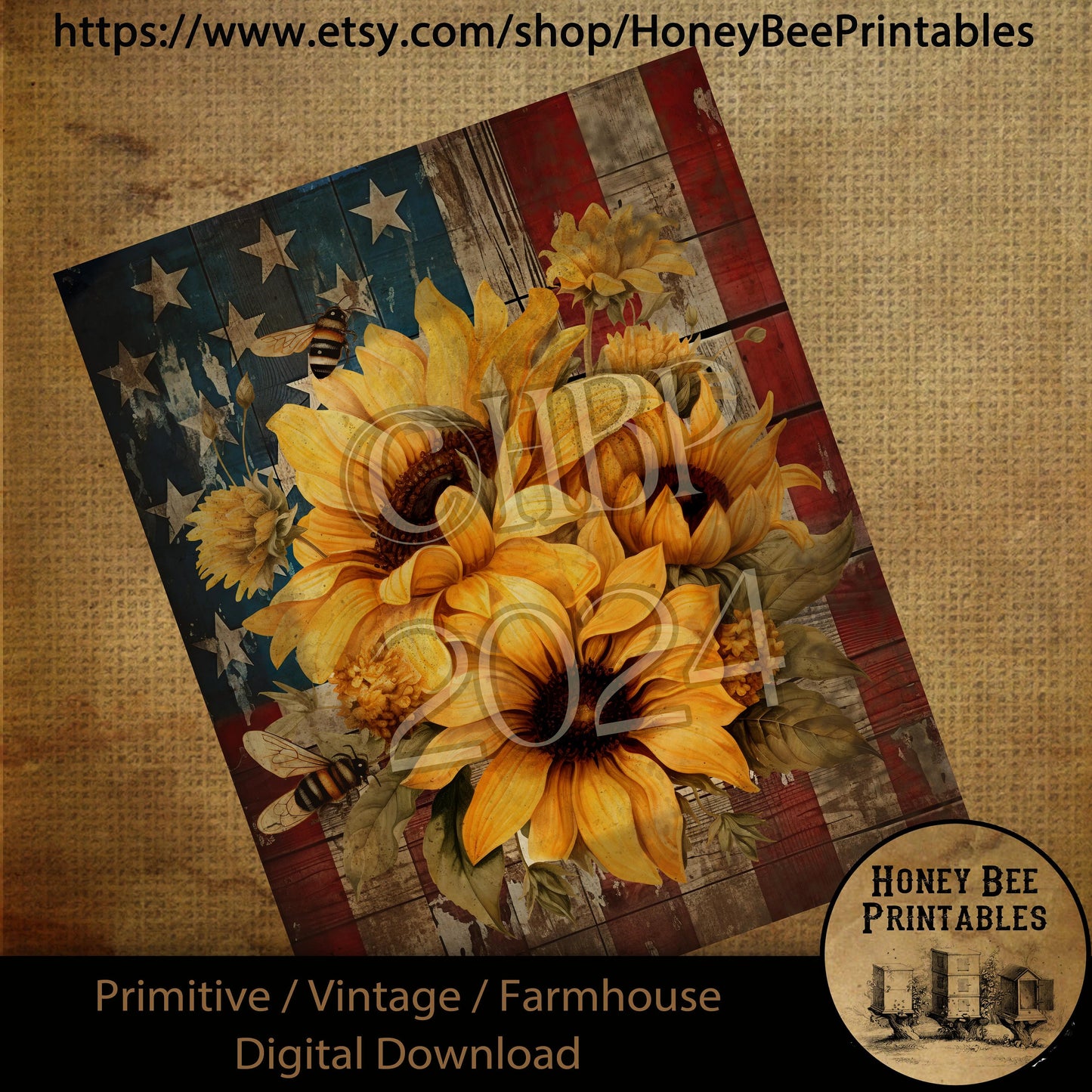 Vintage Primitive Farmhouse Digital Download Printable Sublimation Decoupage Labels Grungy American Flag, Patriotic, Sunflowers, Bees, USA