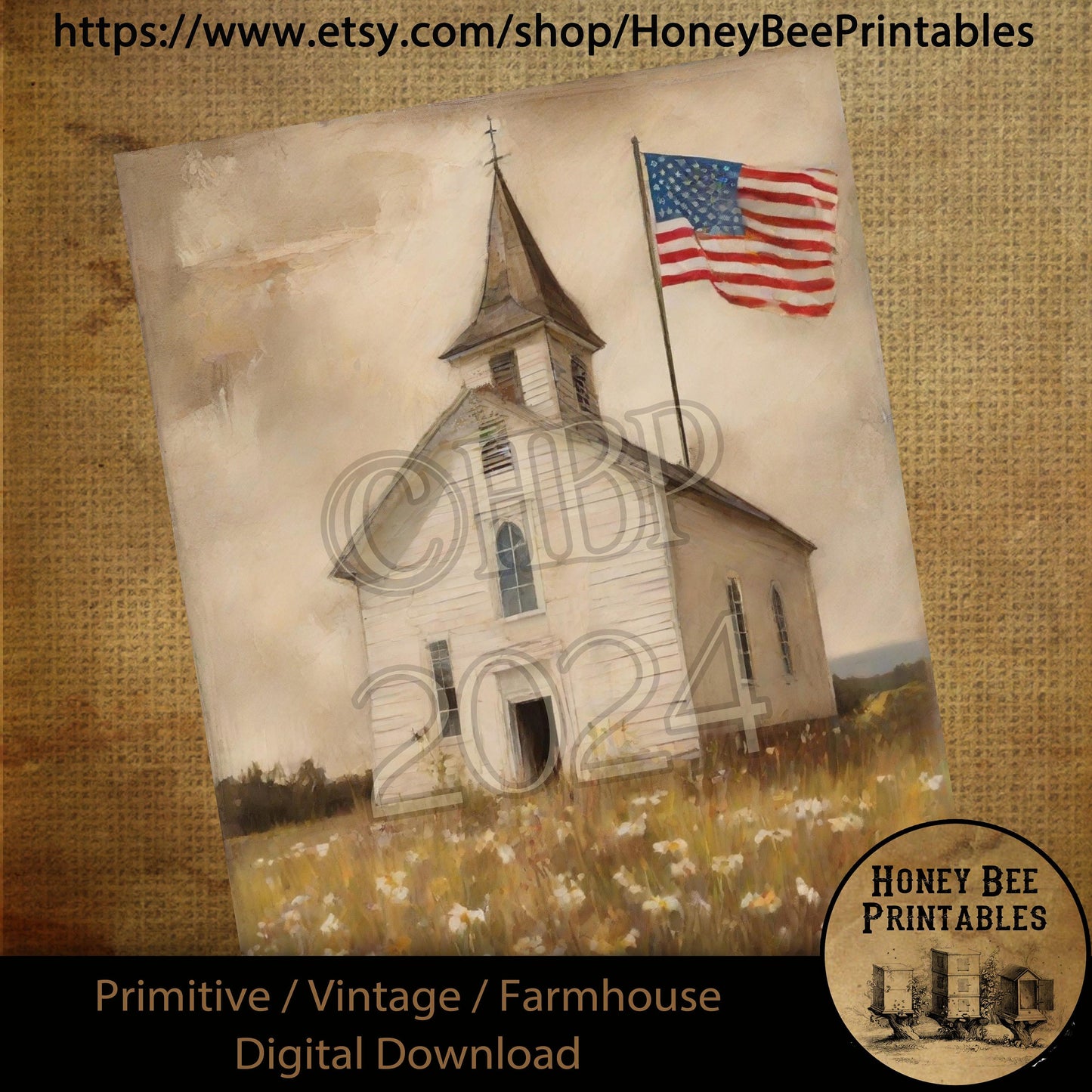 Vintage Primitive Farmhouse Digital Download Printable Sublimation Decoupage Americana Patriotic White Shabby Church Chapel Flag Wildflowers