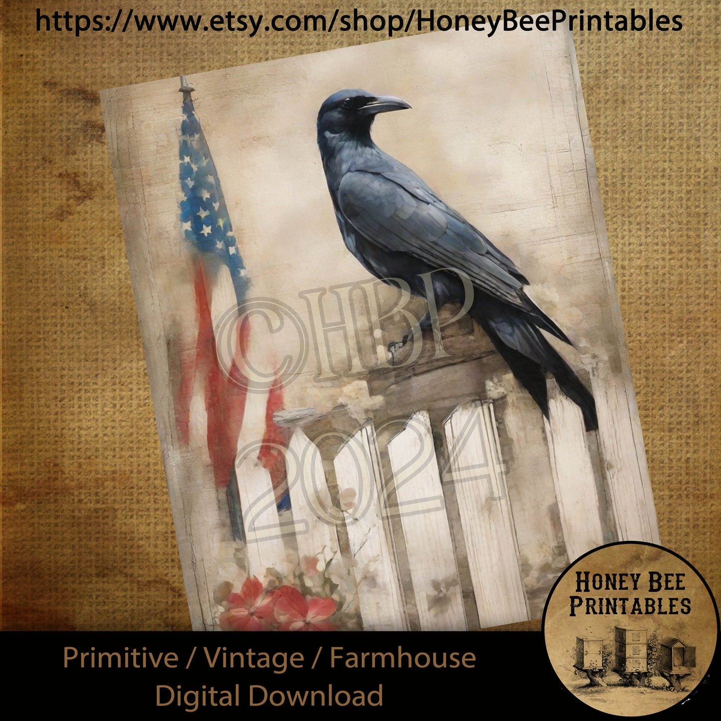 Vintage Primitive Farmhouse Digital Download Printable Sublimate Decoupage American Patriotic White Shabby Picket Fence Crow Blackbird Flag