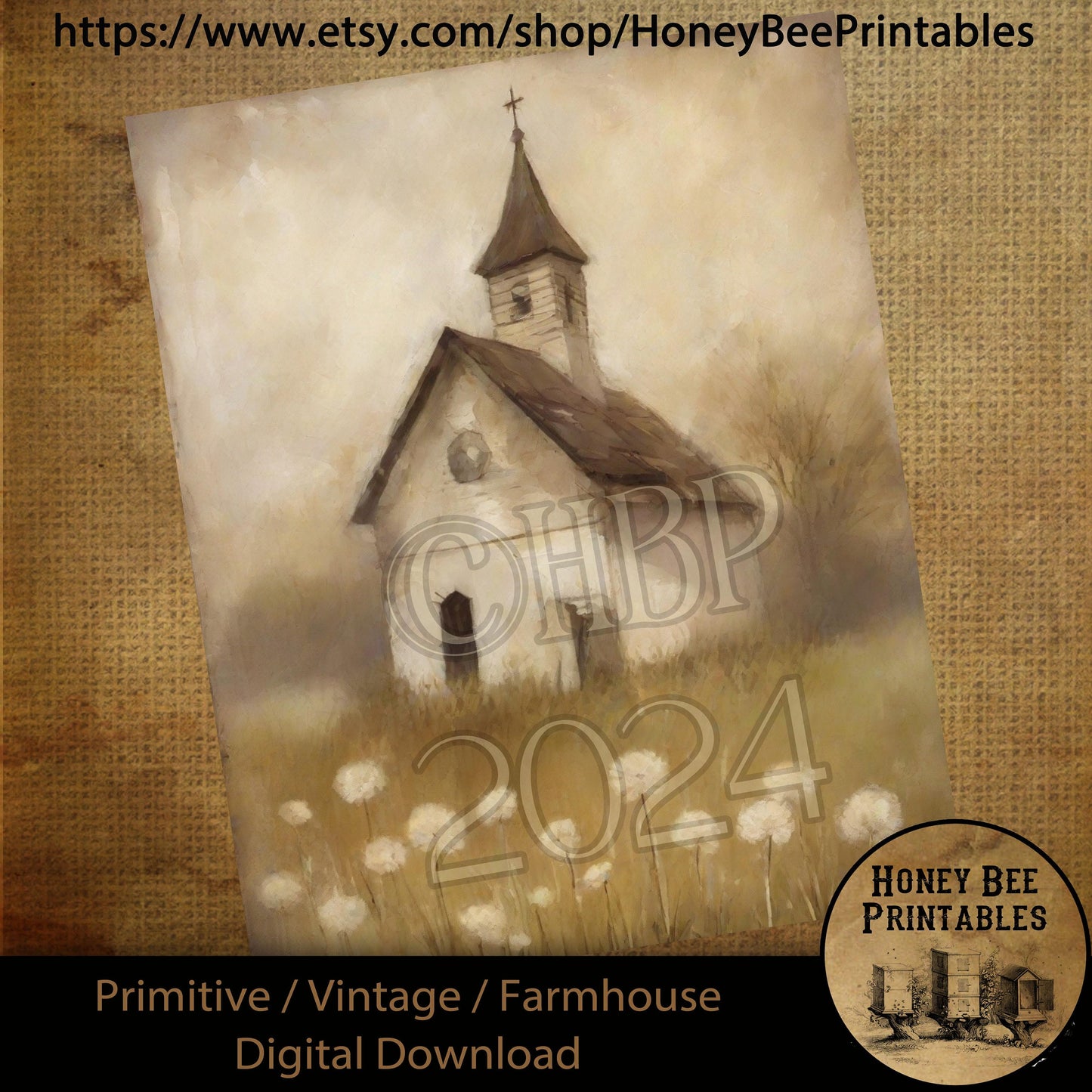 Vintage Farmhouse Digital Download Printable Sublimate Decoupage Primitive Old White Chapel, Church, Painting, Shabby, Grungy, Dandelions