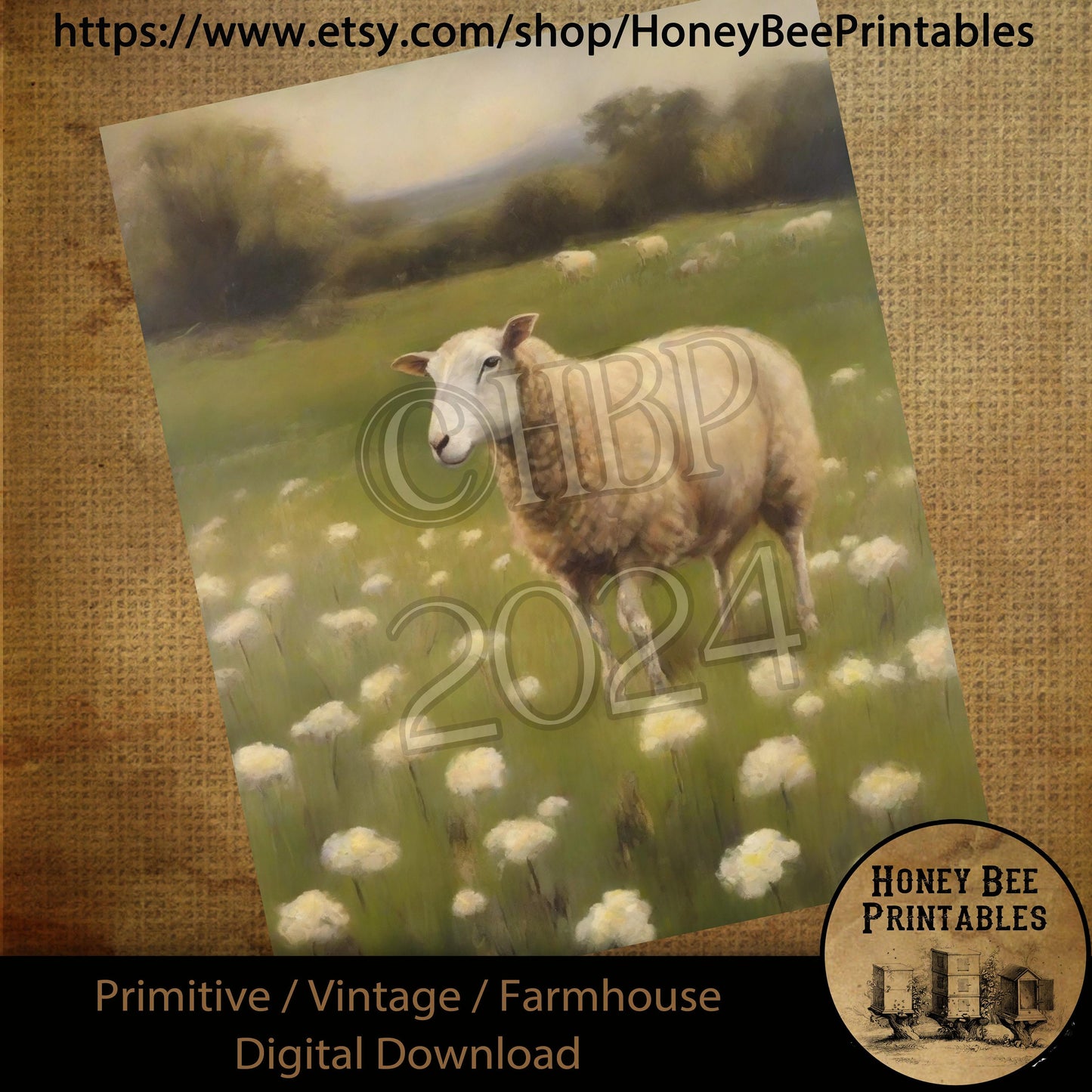 Vintage Digital Download Printable Sublimate Decoupage Primitive, Painting, Sheep, Lamb, Field of Flowers, Wildflowers, Landscape, Spring