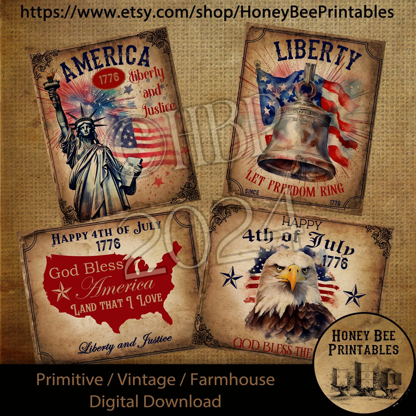 Vintage Primitive Farmhouse Digital Download Printable Decoupage Patriotic, Lady Liberty, Eagle, American Flag, Fireworks, 1776, Labels 2