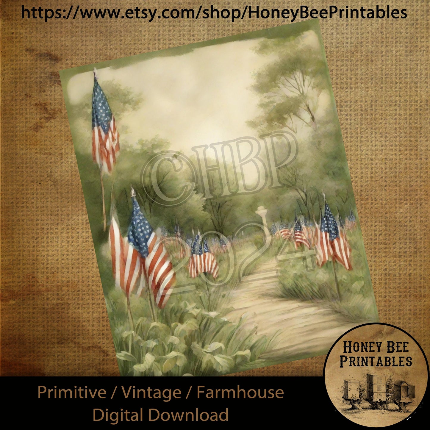 Vintage Primitive Farmhouse Digital Download Printable Sublimation Decoupage American Flag, Veteran, Memorial Day, Soldiers, Pathway, Garden