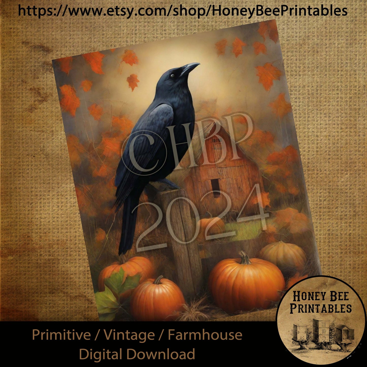 Vintage Digital Download Printable Sublimate Decoupage Primitive, Painting, Old Crow on Fence, Pumpkins, Fall, Autumn, Old Red Barn, Leaves