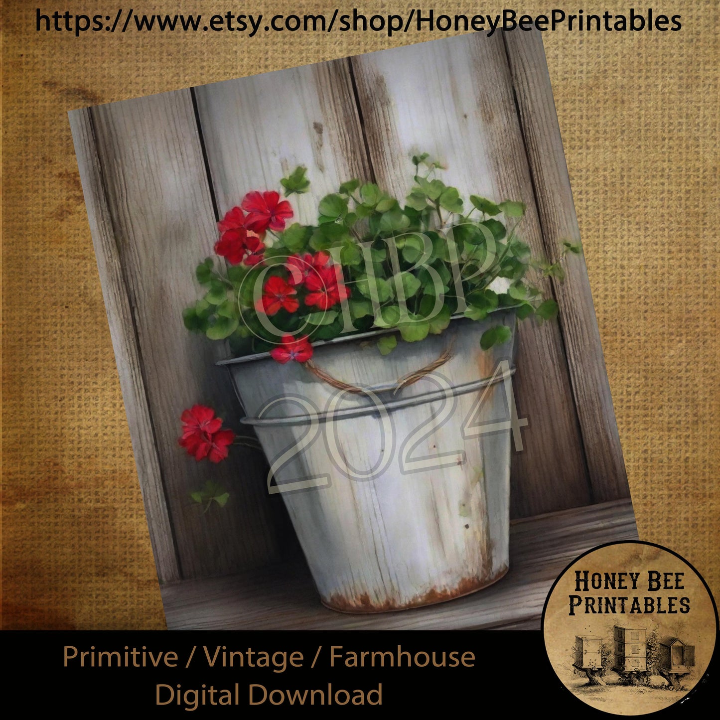 Vintage Digital Download Printable Sublimate Decoupage Primitive, Oil Painting, Primitive, Bucket of Geraniums, Geranium, Bucket, Still Life