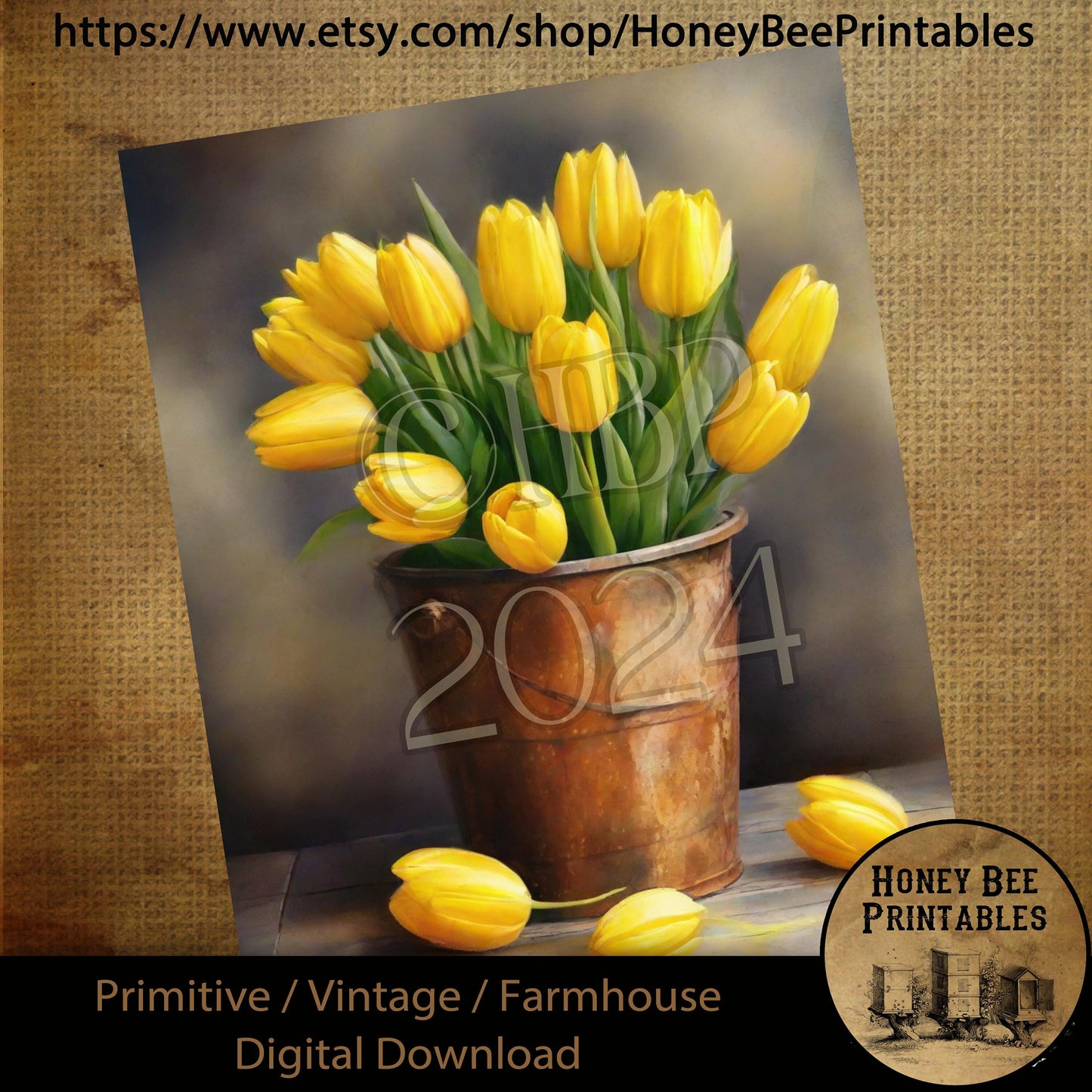 Vintage Digital Download Printable Sublimate Decoupage Oil Painting, Primitive, Bucket of Yellow Tulips, Yellow Tulips, Bucket, Still Life