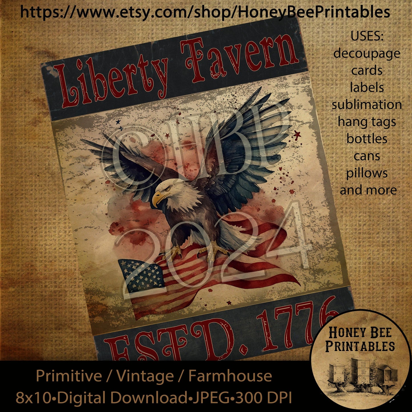 Vintage Primitive Farmhouse Digital Download Printable Decoupage Patriotic, Americana, Liberty Tavern, 1776, Eagle, Old Tavern Sign, Flag