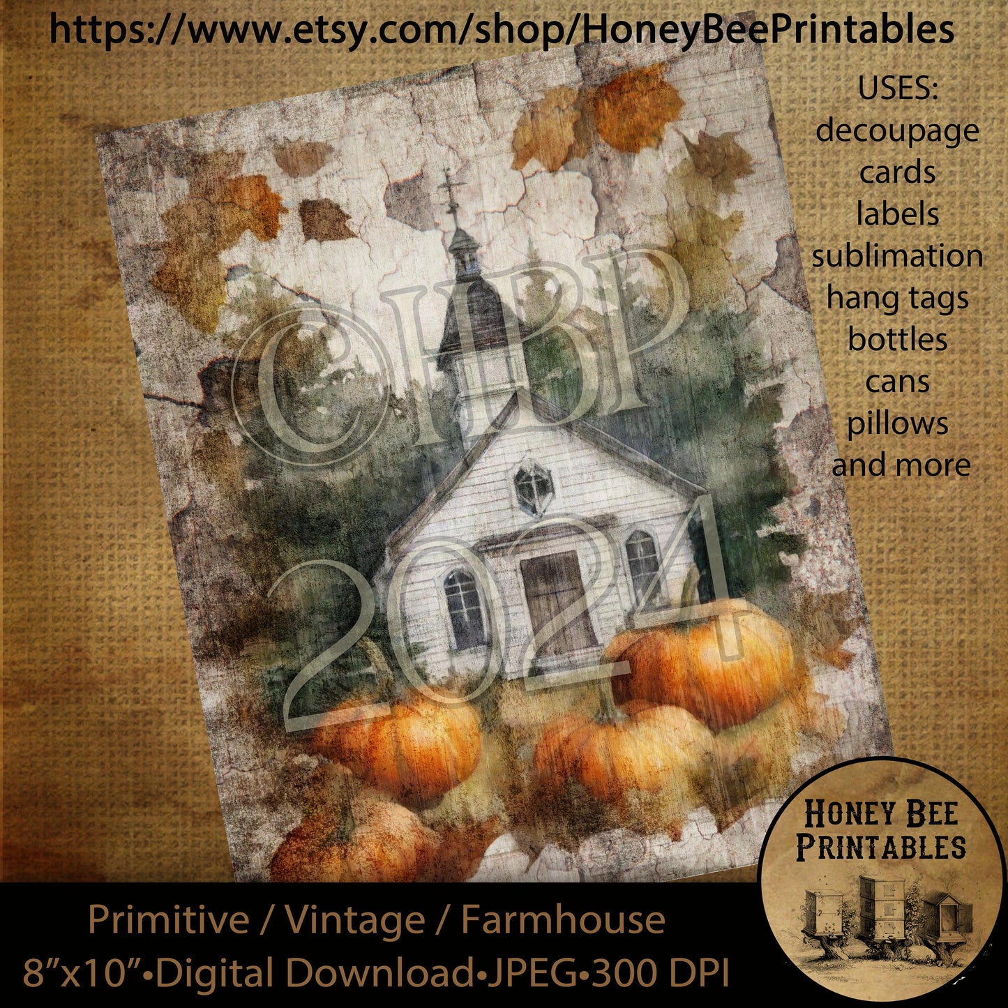 Vintage Primitive Farmhouse Digital Download Printable Decoupage Labels Fall Autumn Old White Church Chapel Pumpkins Leaves Fall Border