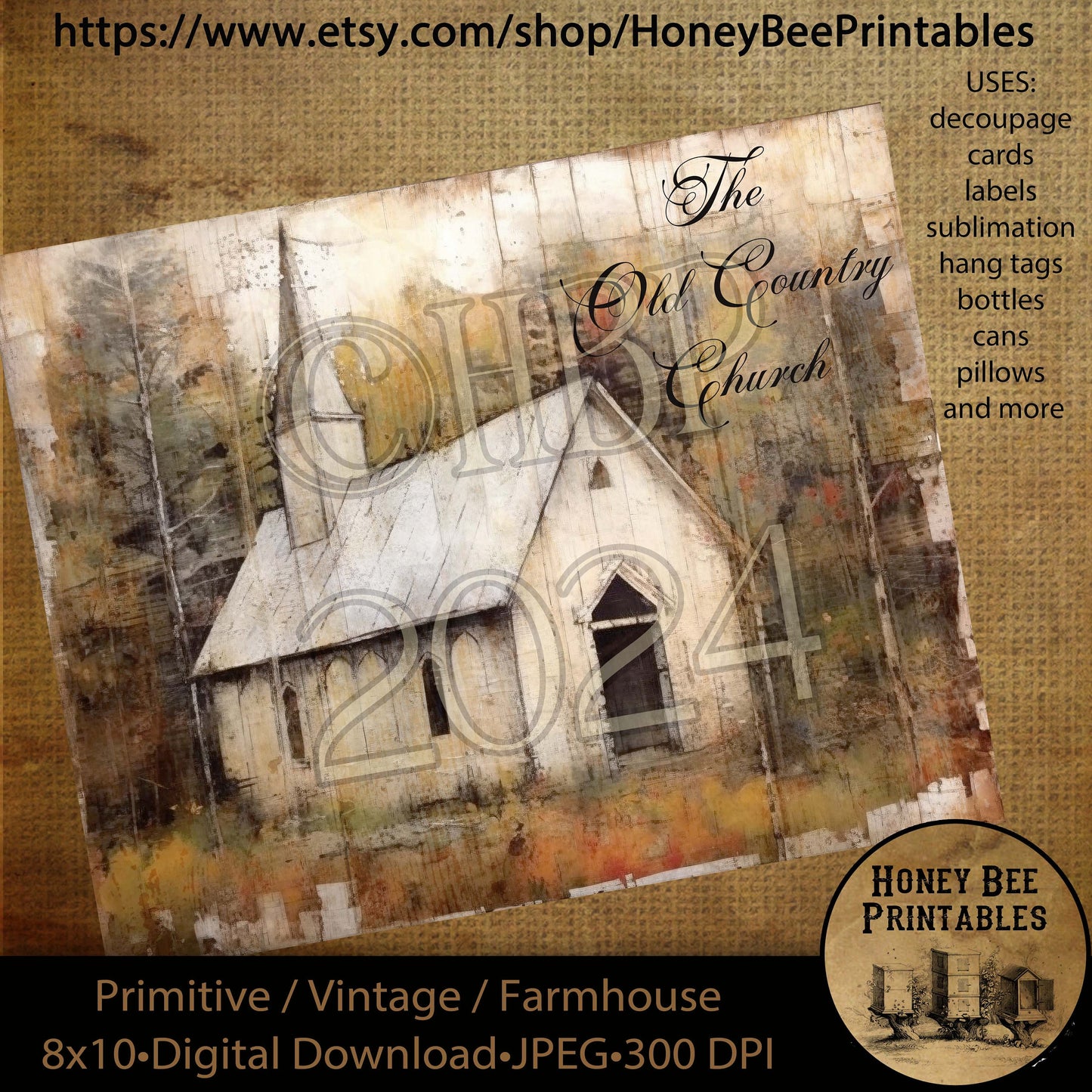 Vintage Primitive Farmhouse Digital Download Printable Decoupage Labels Fall Autumn Old White Church Chapel The Old Country Church