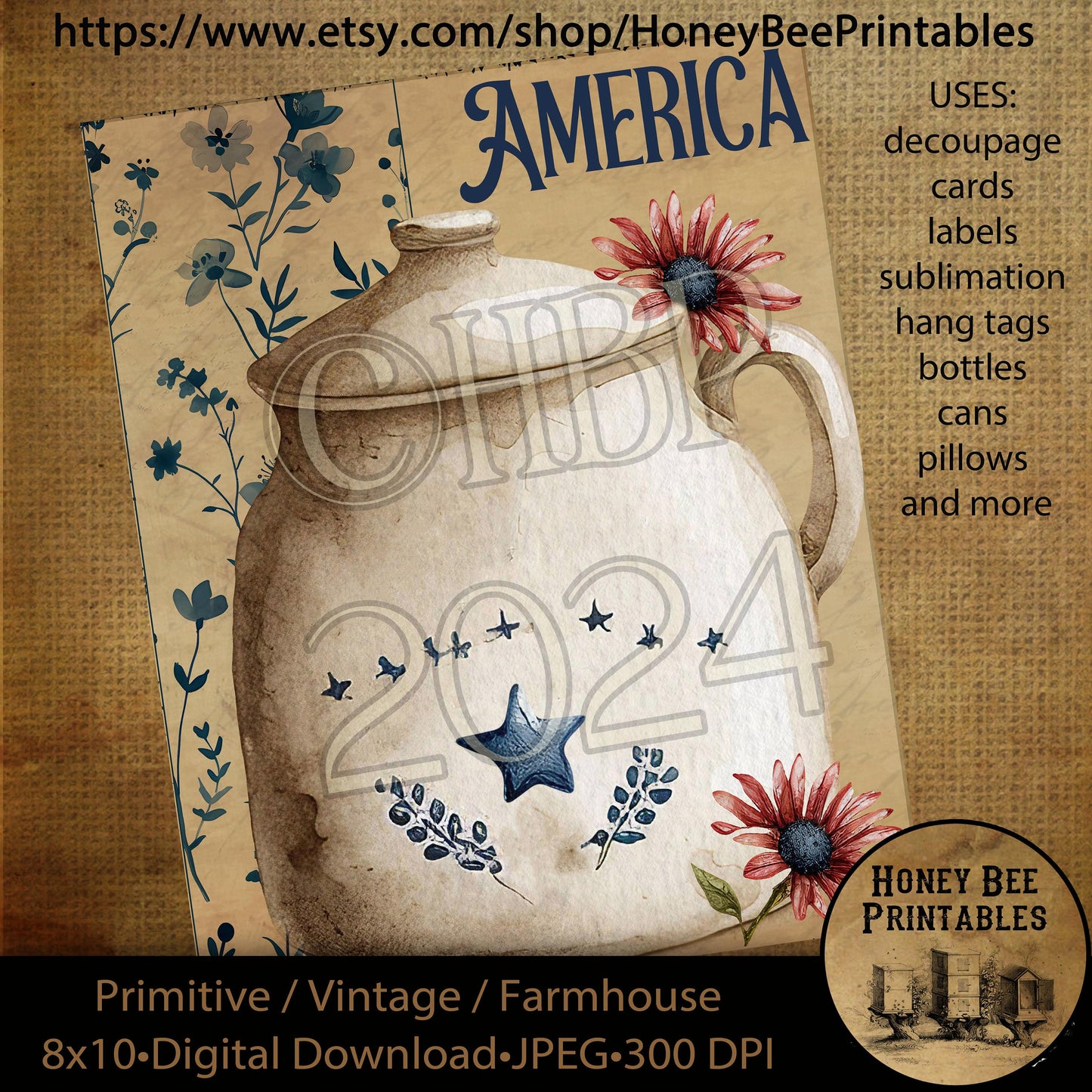 Vintage Primitive Farmhouse Instant Download Printable Decoupage Cans Labels, Patriotic, Americana, Old Crock, Farm Kitchen, Flowers, Crock