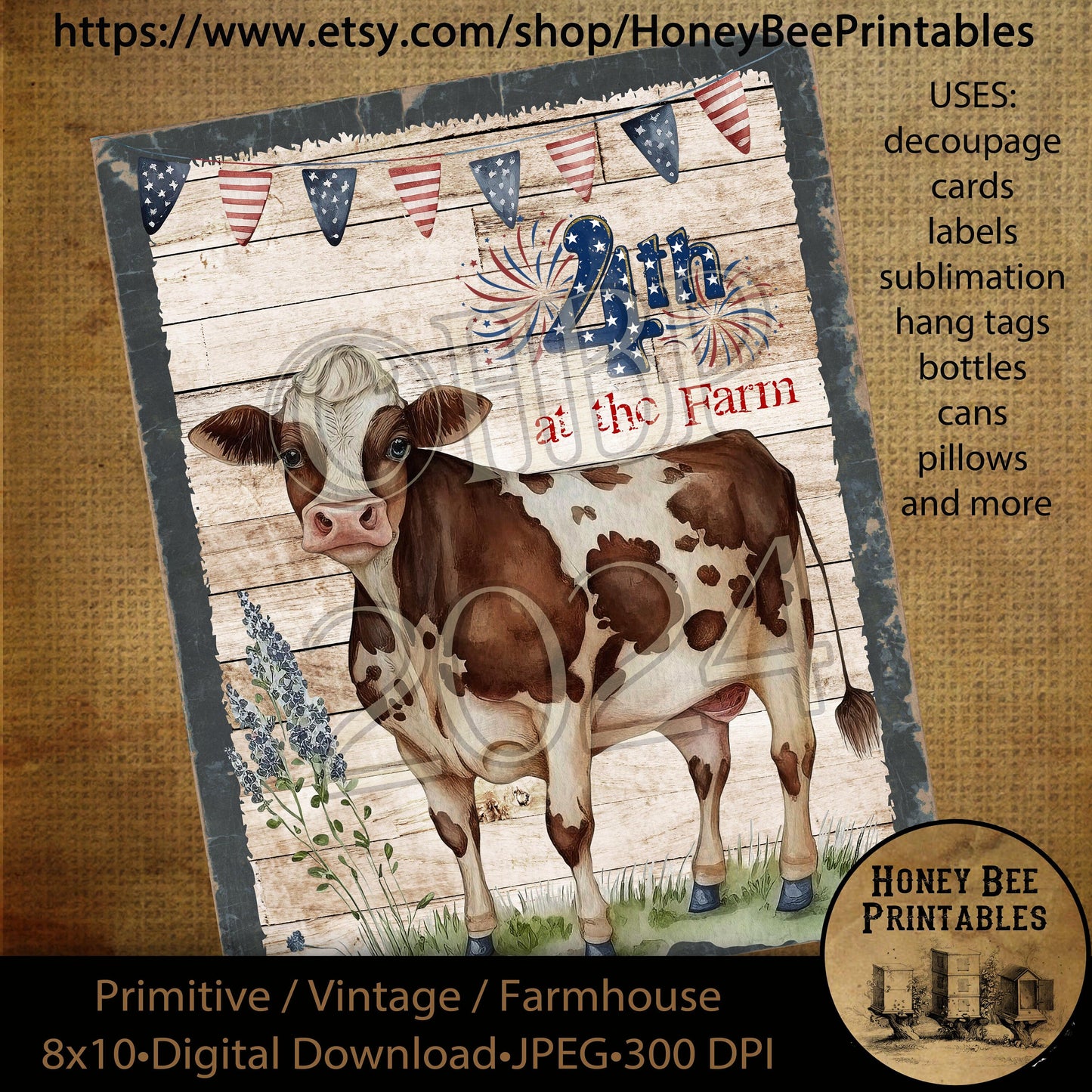 Vintage Primitive Instant Download Printable Decoupage, Patriotic, Americana, Farm, Barn, Animals, Cow, 4th of July on the Farm